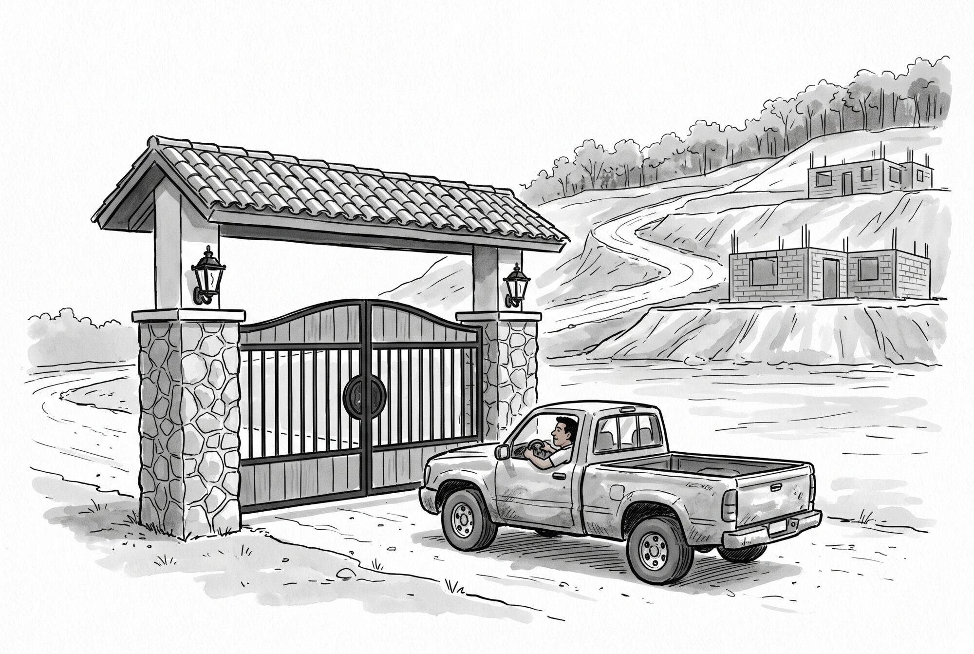 Pen-and-ink cartoon: a grand tile-roofed entrance gateway with stone piers and lanterns stands alone on bare earth, no fence attached to either side, while a dusty pickup waits at its closed gate; behind it a stripped hillside carries a switchback road and two roofless concrete-block houses.