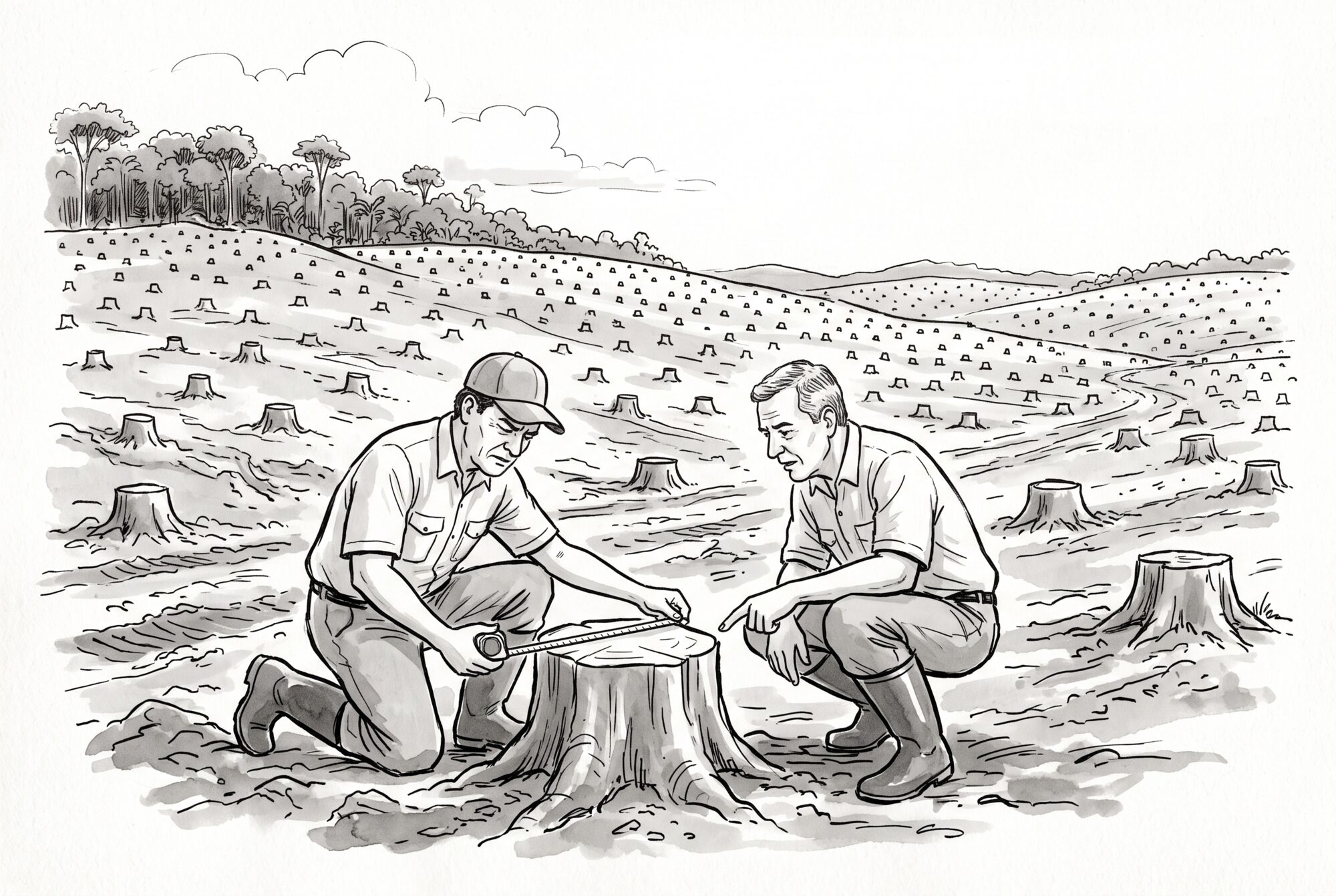 Pen-and-ink cartoon: two forestry officials in rubber boots crouch over a single tree stump, measuring its cut face with a tape measure, while a hillside of hundreds of identical stumps runs away behind them to a distant line of surviving forest.