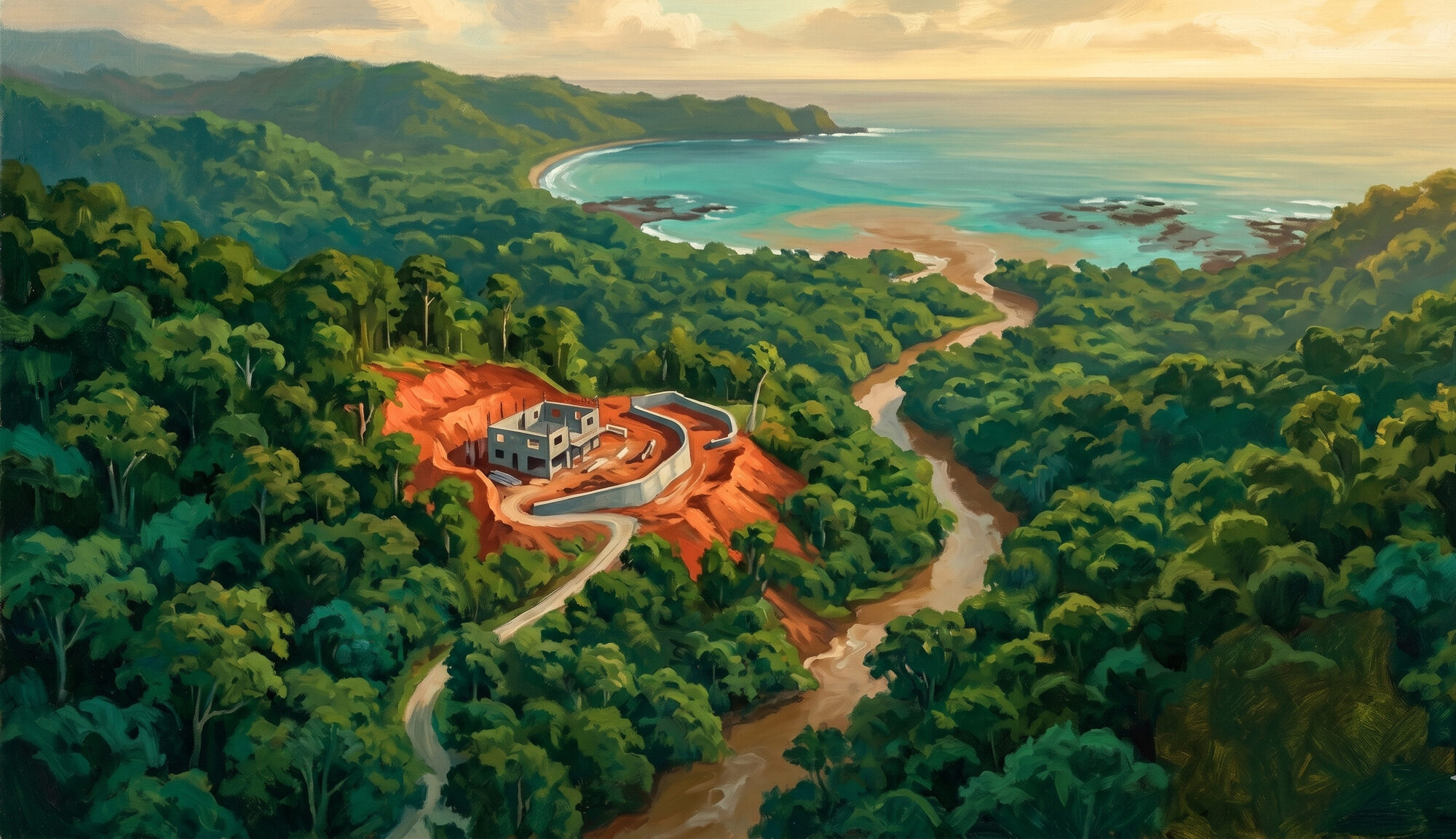 Aerial view of forested Costa Rican coastal hills with a single red-earth construction scar and a half-built house cut into the canopy, a sediment-laden river running down to a turquoise reef bay.