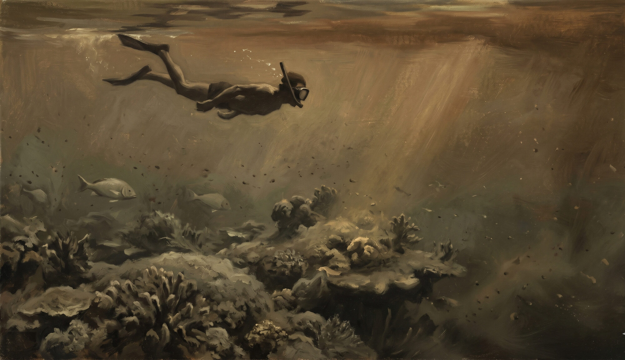 A snorkeler in murky, sediment-clouded water above a coral reef smothered in grey-brown silt, its corals lifeless and the fish gone.