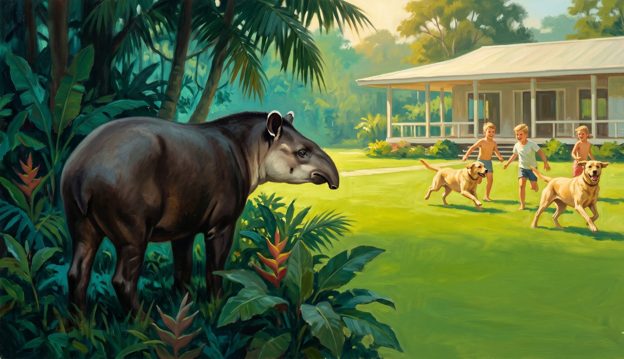 A Baird's tapir standing in forest shadow at the edge of a cleared lot, watching children play with Labrador dogs on a manicured suburban lawn before a modern house.