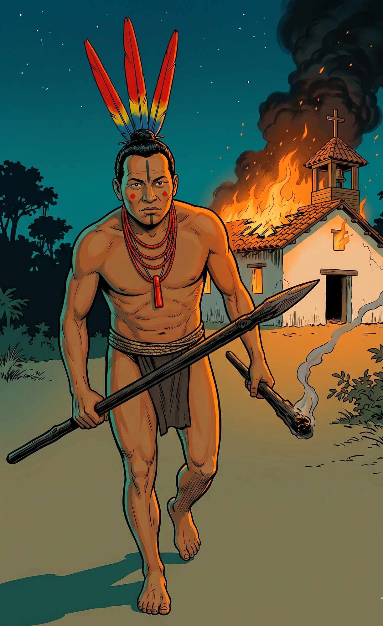 Pablo Presbere, Bribri cacique, walking forward at night carrying a fire-hardened pejibaye-palm spear and a smouldering torch, three scarlet macaw tail feathers rising from a knot of hair at the back of his head, red coral bead necklaces and a painted bone tube at his chest, jagua and achiote face paint, a small Franciscan mission church burning in the background behind him with its bell tower and tile roof in flames
