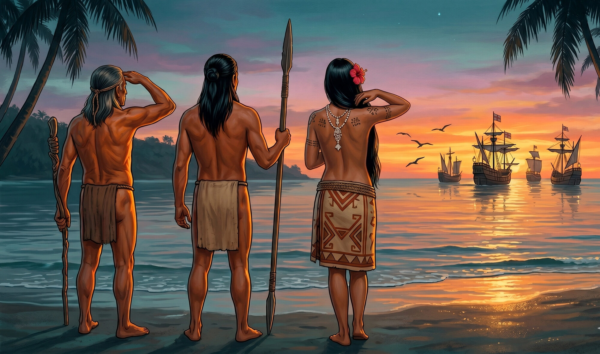 Three indigenous figures standing with their backs to the viewer on a Caribbean shore at dusk on September 18, 1502, watching small battered Spanish sailing ships at anchor in the bay, the setting sun blazing orange behind the ships, an elder shading his eyes, a young man holding a fire-hardened pejibaye-palm spear, a young woman with long dark hair, a crimson hibiscus tucked behind her ear, geometric jagua body-paint patterns across her bare upper back, and a Diquís-style patterned wrap skirt