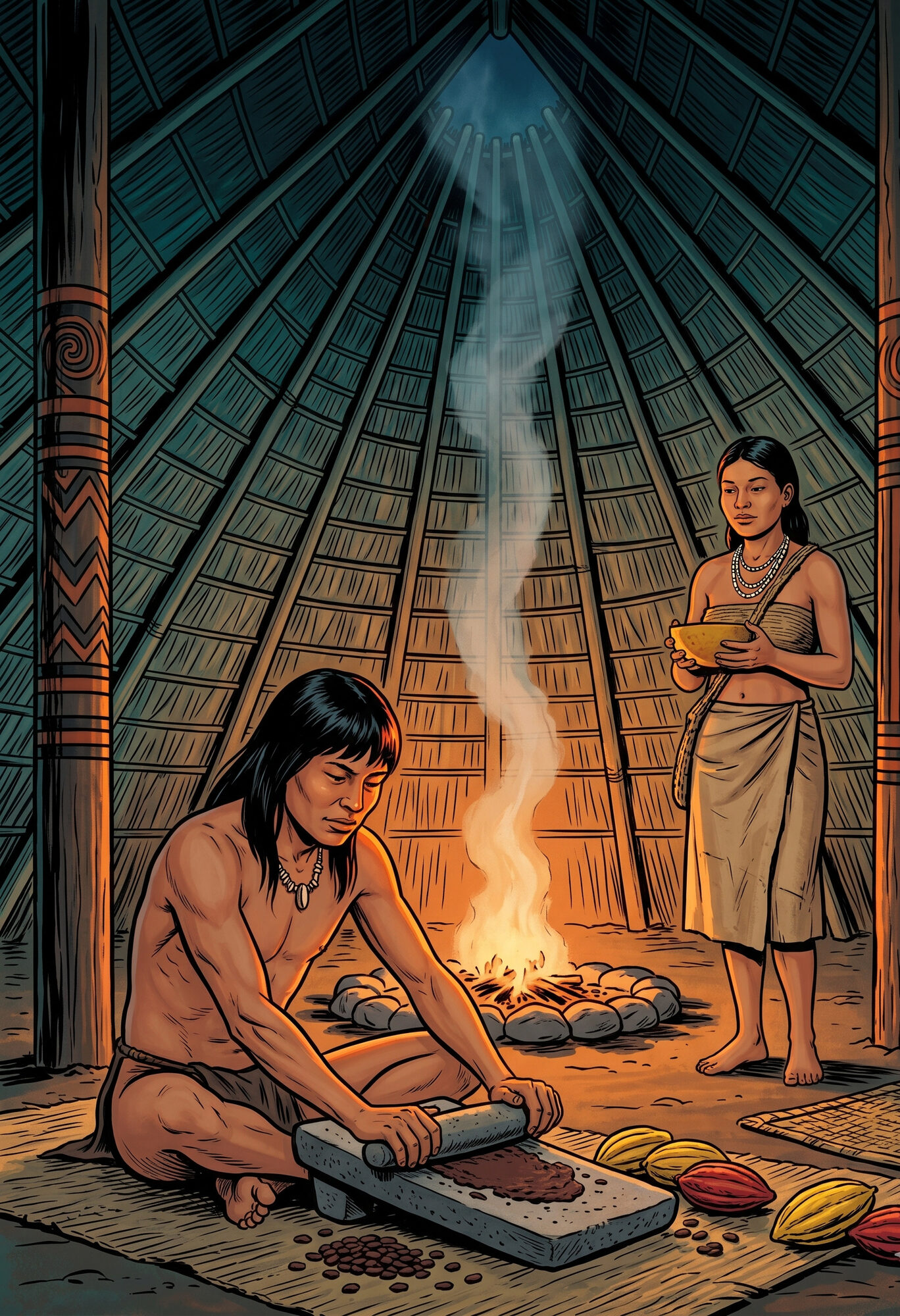 Interior of a Bribri u-sure at dusk, an awá in his hammock with his ceremonial tools, a central hearth fire glowing orange ringed with stones, a column of smoke rising vertically through the apex vent of the conical thatched roof, a young Bribri woman in a bark-cloth wrap holding the calabash of cacao drink at her chest, painted geometric symbols on the carved hardwood support posts flanking the scene