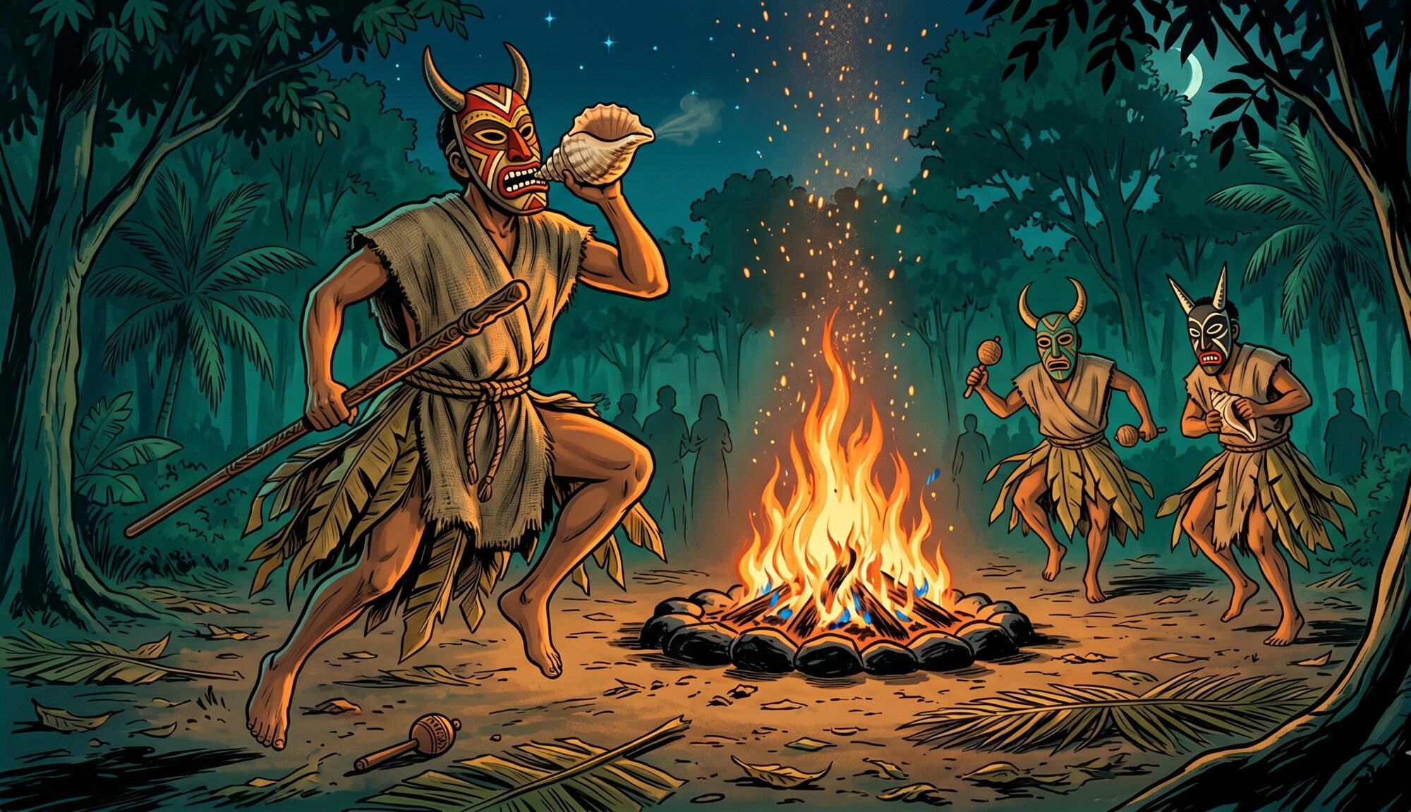 A masked Boruca diablito dancer mid-leap at midnight beside a bonfire, conch shell raised to the lips of his carved wooden mask with two horns, two more masked dancers in the middle distance, sparks rising into the dark forest canopy