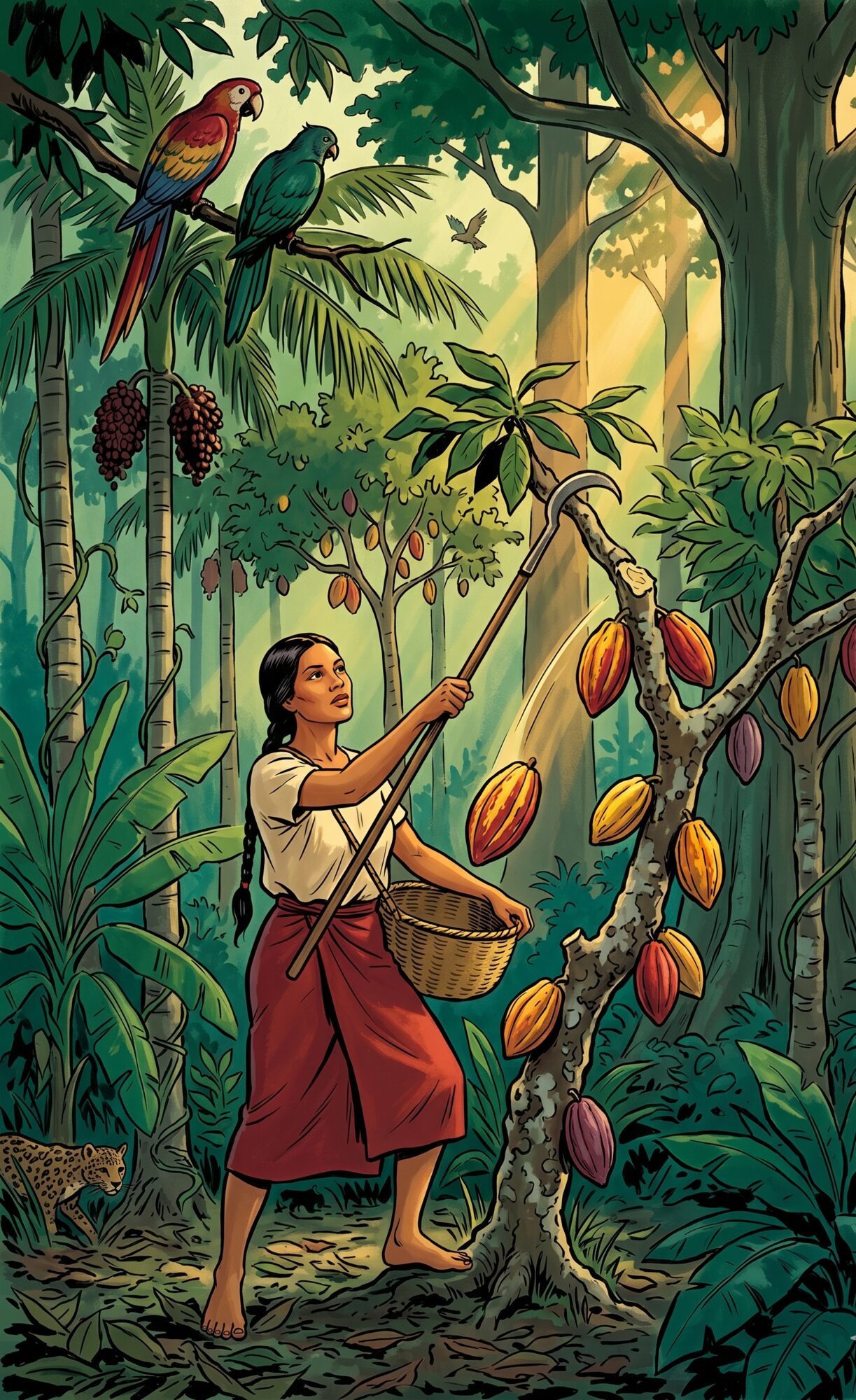 A Bribri woman harvesting cacao pods with a long-handled cutter in a multi-strata forest garden, vivid yellow and crimson pods on the trunk, towering canopy trees overhead, parrots in the upper branches