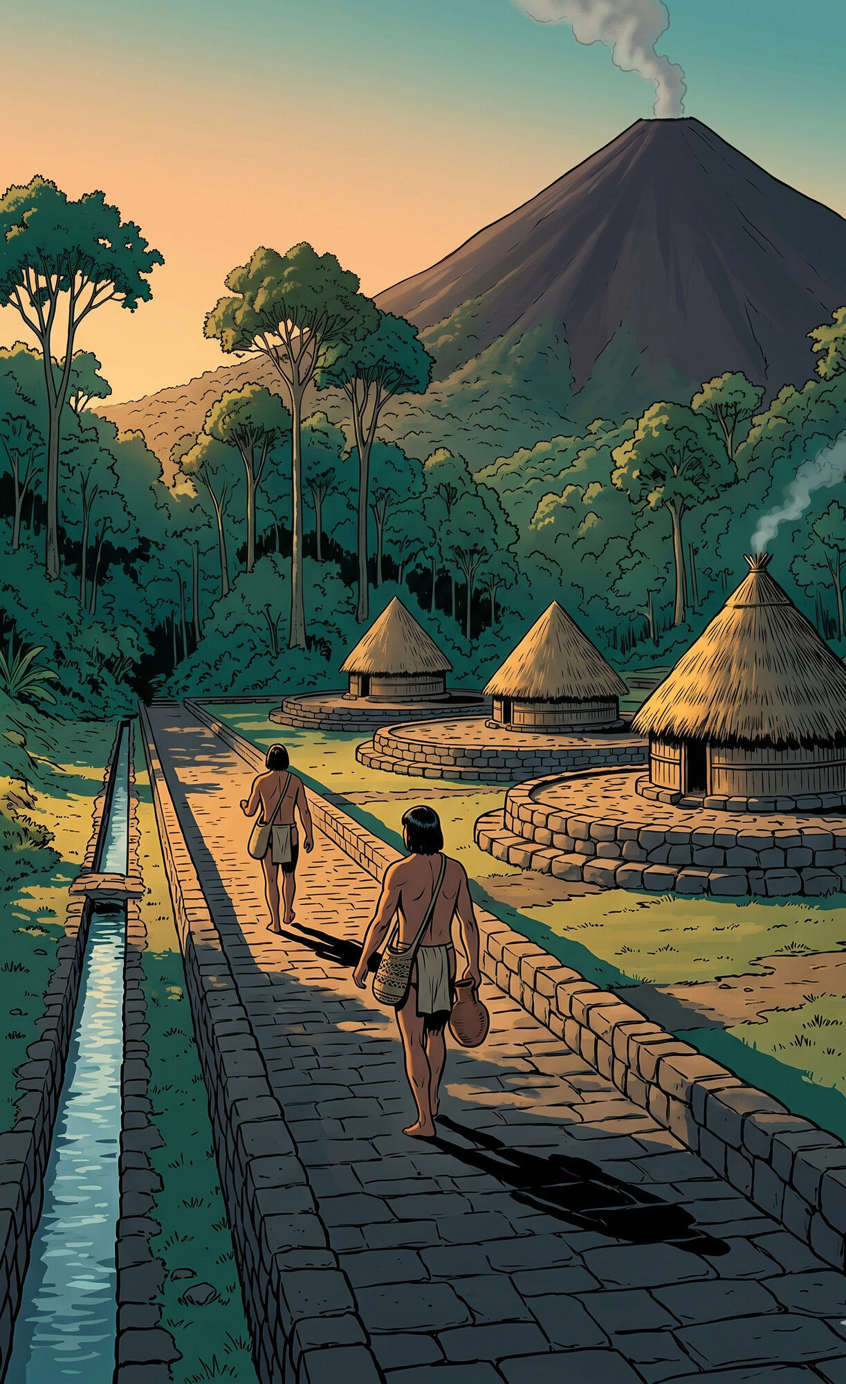 Two indigenous men walking a stone-paved causeway at sunset through Guayabo de Turrialba, a pre-Columbian city, three circular stone foundations topped with thatched conical houses to the right, a ground-level stone-lined water channel running alongside the path, the dark cone of the Turrialba Volcano looming above the forest canopy in the background