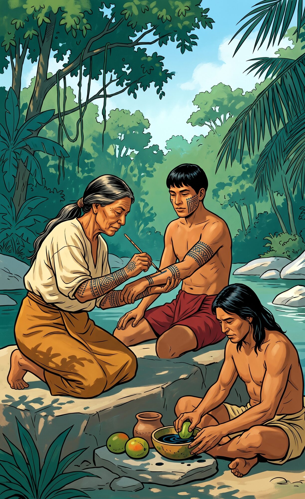 Three indigenous figures on a riverbank at midday painting geometric designs onto each other's skin with jagua dye: an older woman applying a fine line to a young man's forearm with a reed, a third figure grinding the unripe fruit in a halved gourd