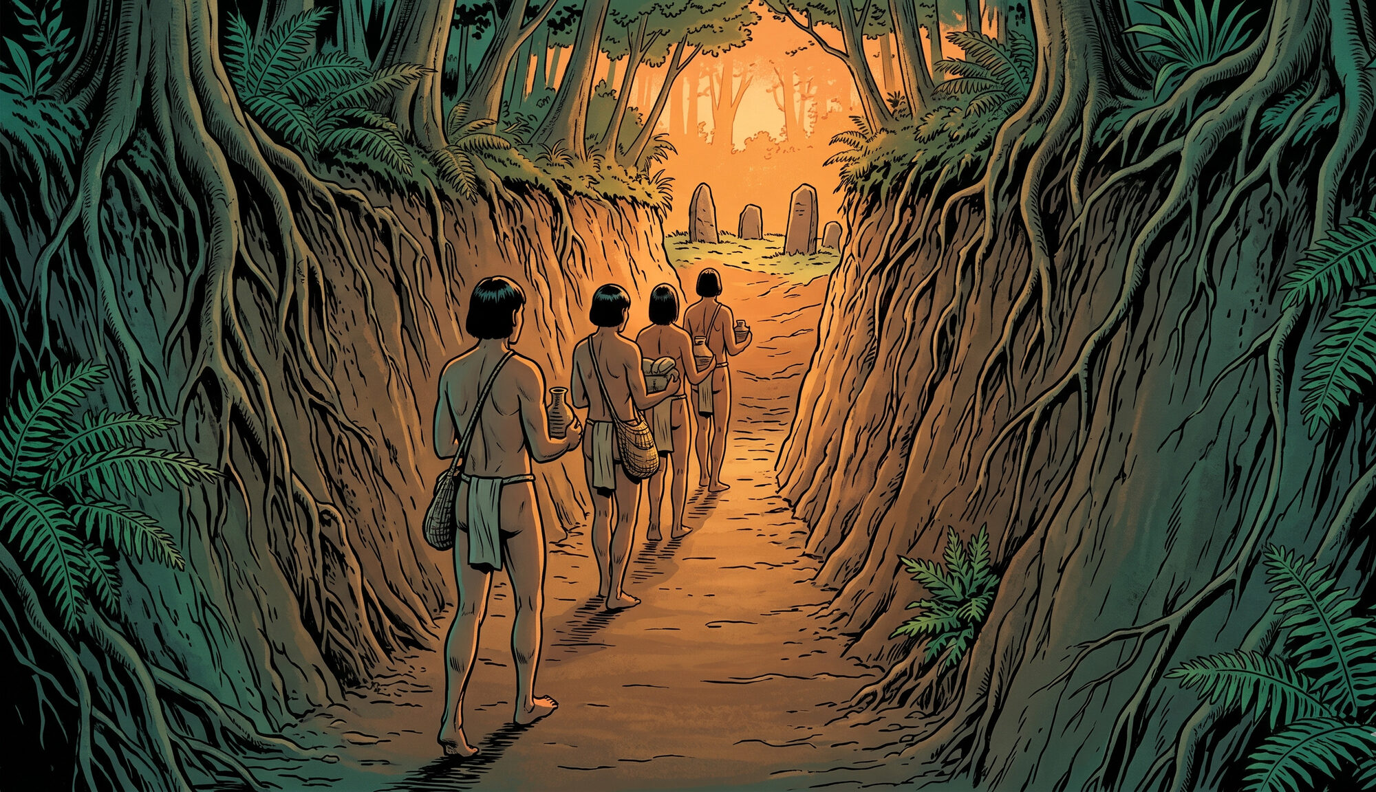 A procession of four barefoot indigenous figures walking single file at dawn down the floor of a prehistoric footpath worn three meters deep through the forest, walls of earth draped with hanging tree roots and ferns rising above their heads on either side, three upright stone cemetery markers visible at the end of the trench through a gap in the canopy lit by warm orange dawn light