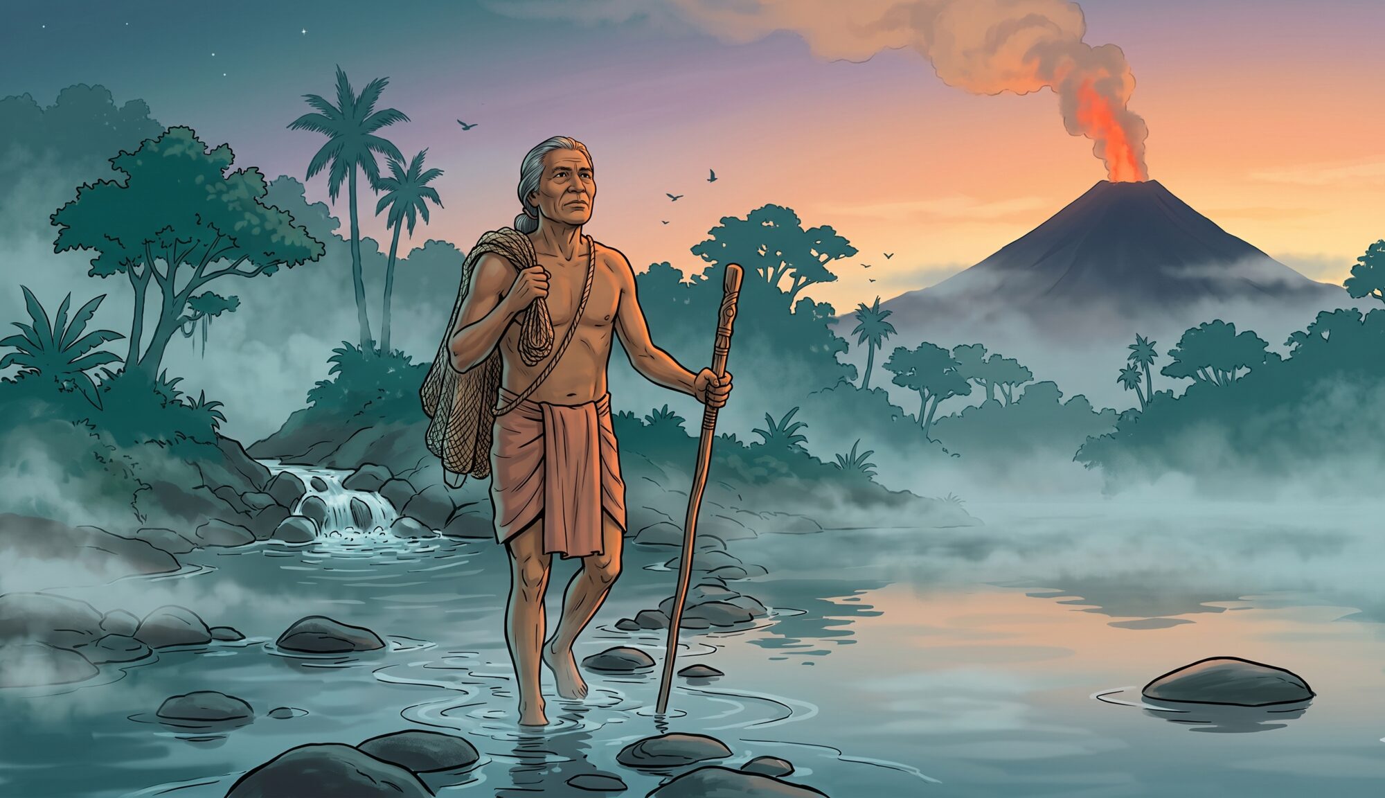 A Maleku elder at dawn standing ankle-deep in a misted river at its headwaters, fishing net over his shoulder and a carved staff in hand, the dark silhouette of Volcán Arenal smoking on the horizon behind him, its plume glowing warm orange against the cold teal mist