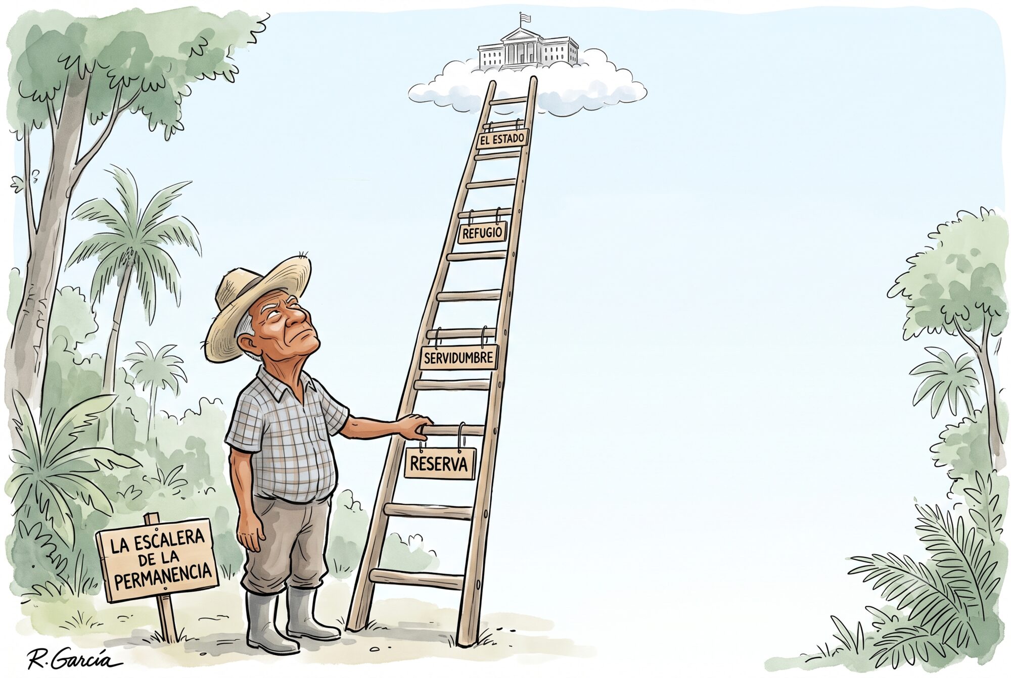 A cartoon of an older Costa Rican landowner squinting up at an impossibly tall ladder whose rungs are labeled reserva, servidumbre, refugio, and at the very top, el Estado, the ladder rising into a cloud where a small government building sits.