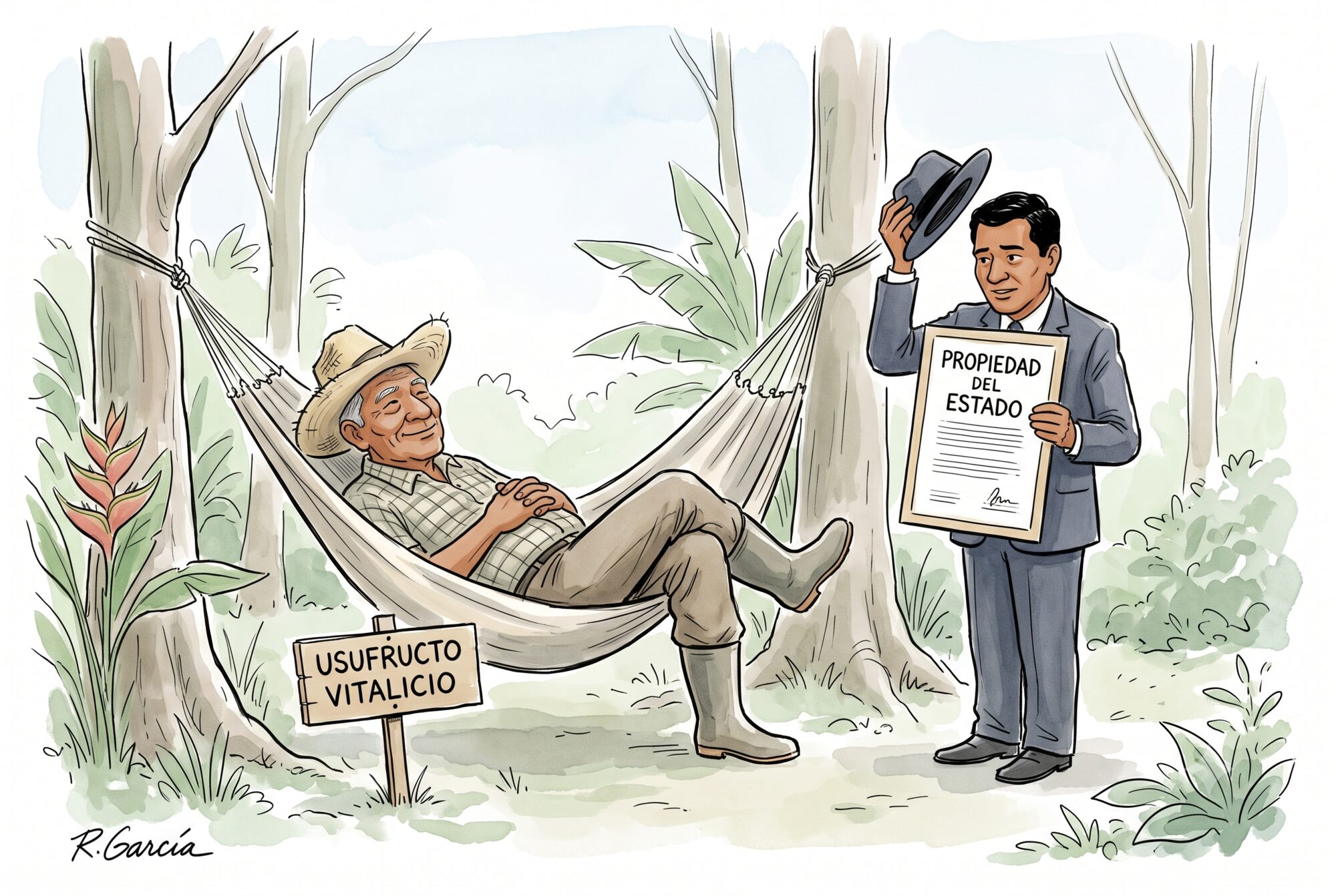 A cartoon of the older landowner relaxing in a hammock strung between two trees, beside a sign reading usufructo vitalicio, while a State notary in a suit stands holding a framed land title marked propiedad del Estado.