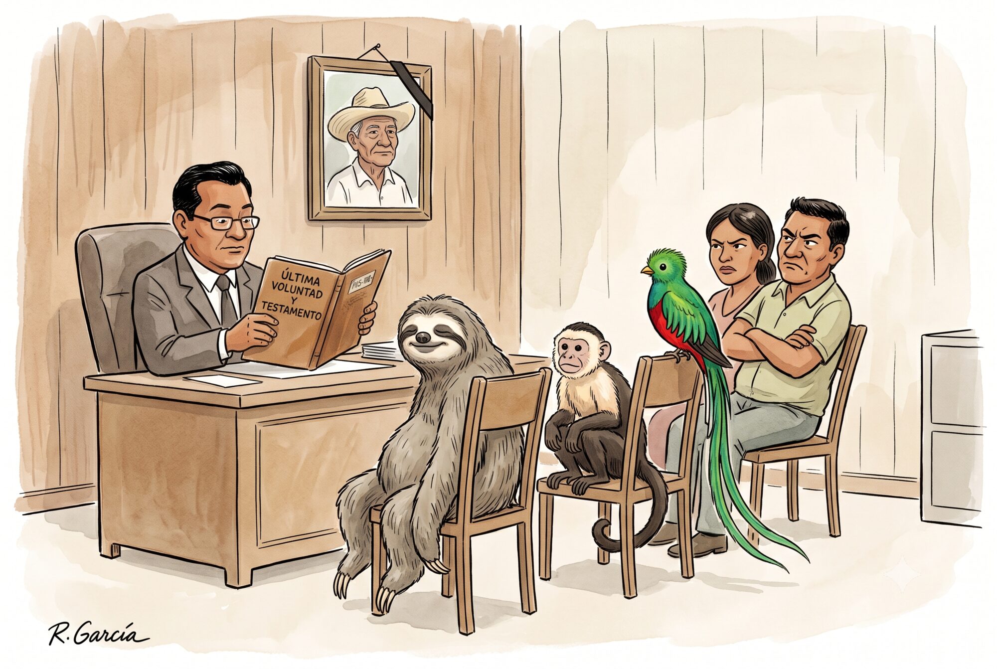 A cartoon of a lawyer reading a will aloud while the heirs, a sloth, a capuchin monkey, and a resplendent quetzal, sit politely in chairs and two human relatives scowl behind them; a black-ribboned portrait of the late landowner in a straw hat hangs on the wall.