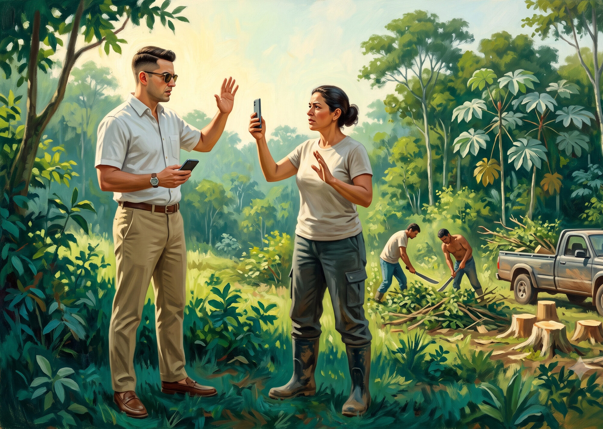 A community environmental defender films a developer as his crew clears a regenerating forest behind them, a dispute over whether the regrown land counts as protected forest.