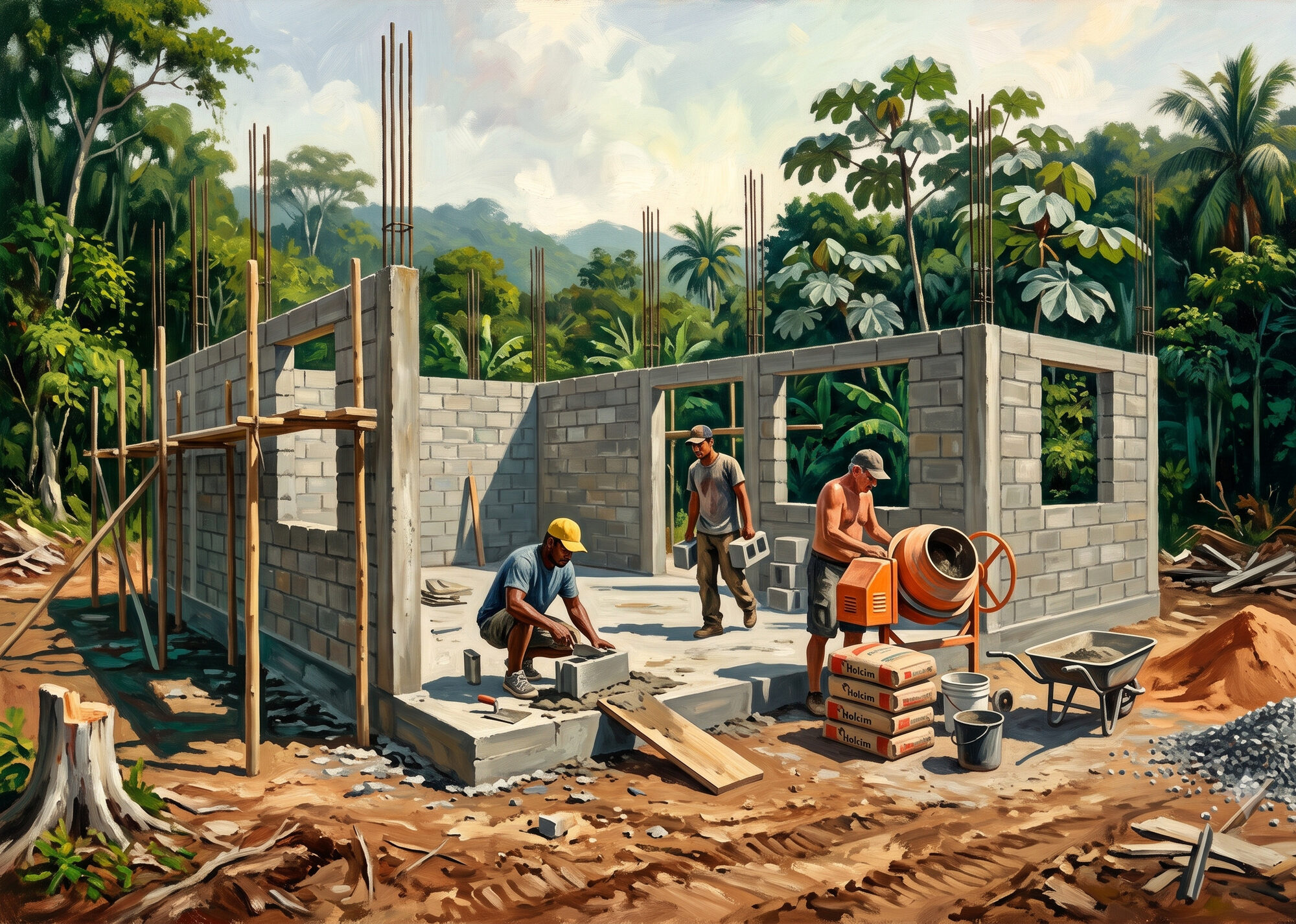 A concrete-block house rises on a cleared lot where a regenerated forest stood, the surviving forest pushed to the margins.