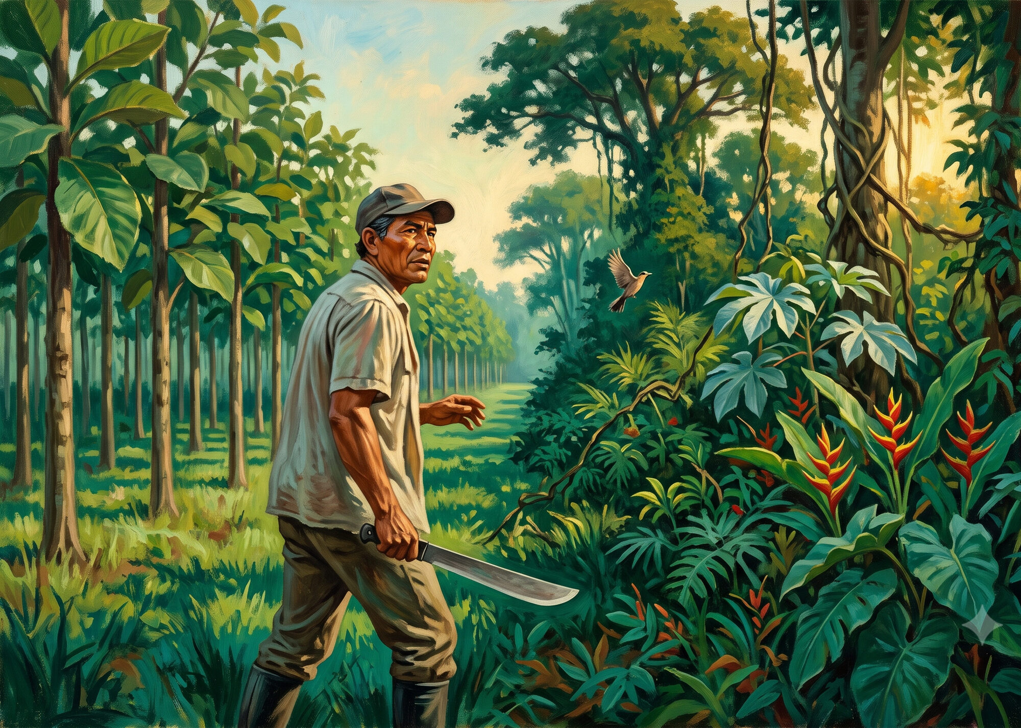 A Costa Rican farmer with a machete stops at the edge of his abandoned teak plantation, where the planted rows give way to wild regenerated forest.