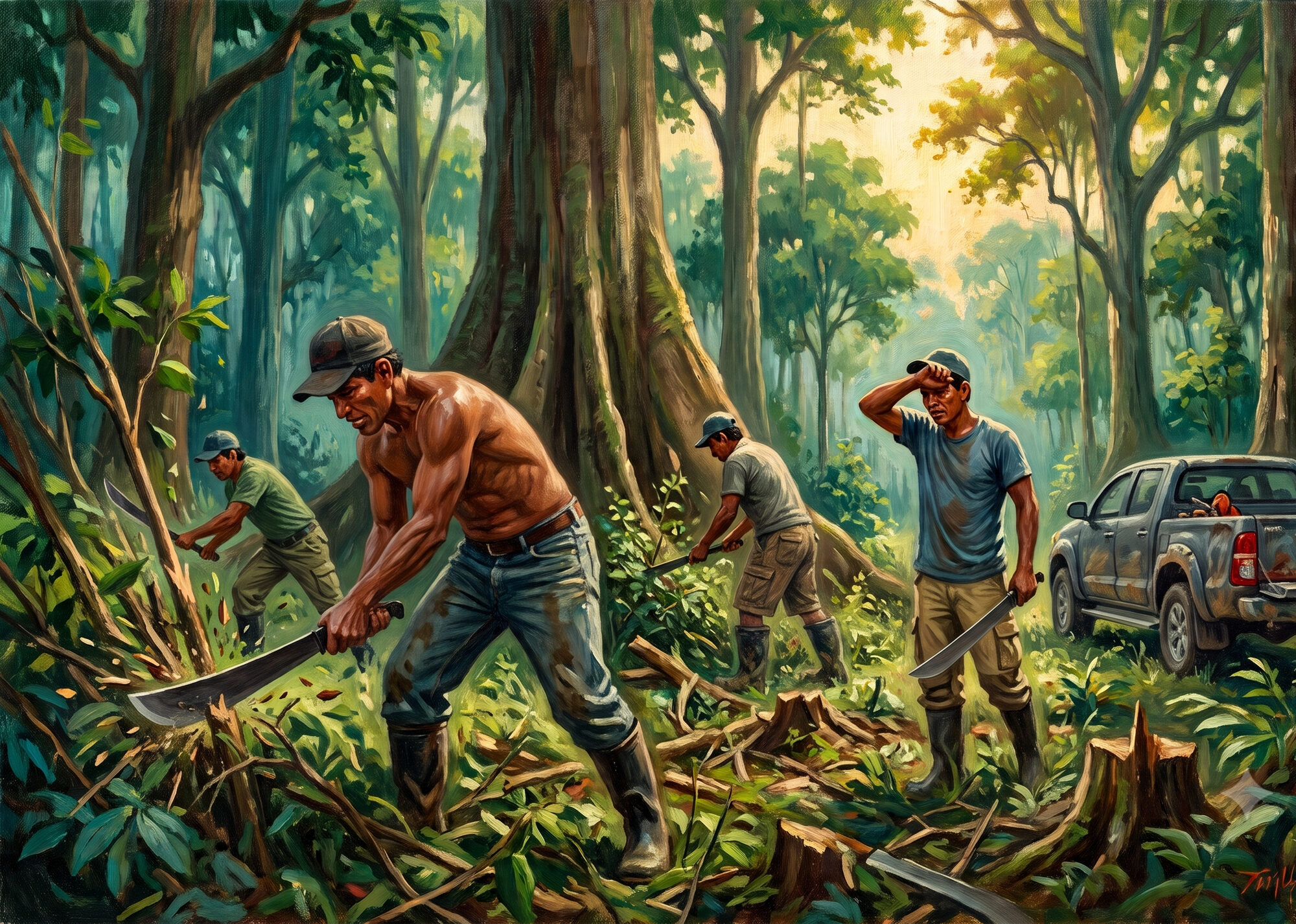 A crew hacks out the forest understory with machetes while leaving the large canopy trees standing, degrading the land below the legal threshold for protected forest.