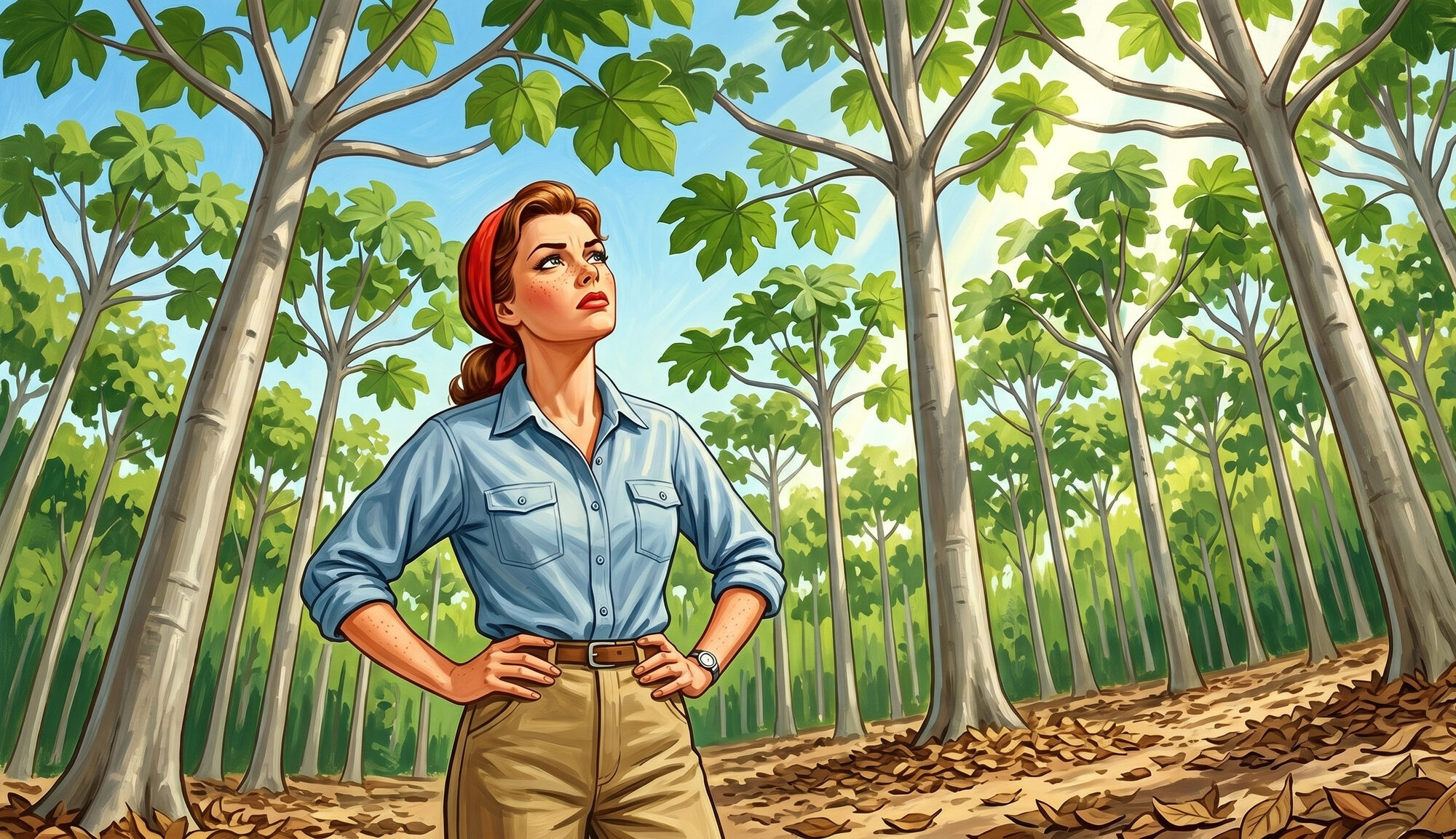 A woman standing under a sparse balsa canopy, looking up at thin crowns that let most of the sky through, thick leaf litter on bare ground beneath