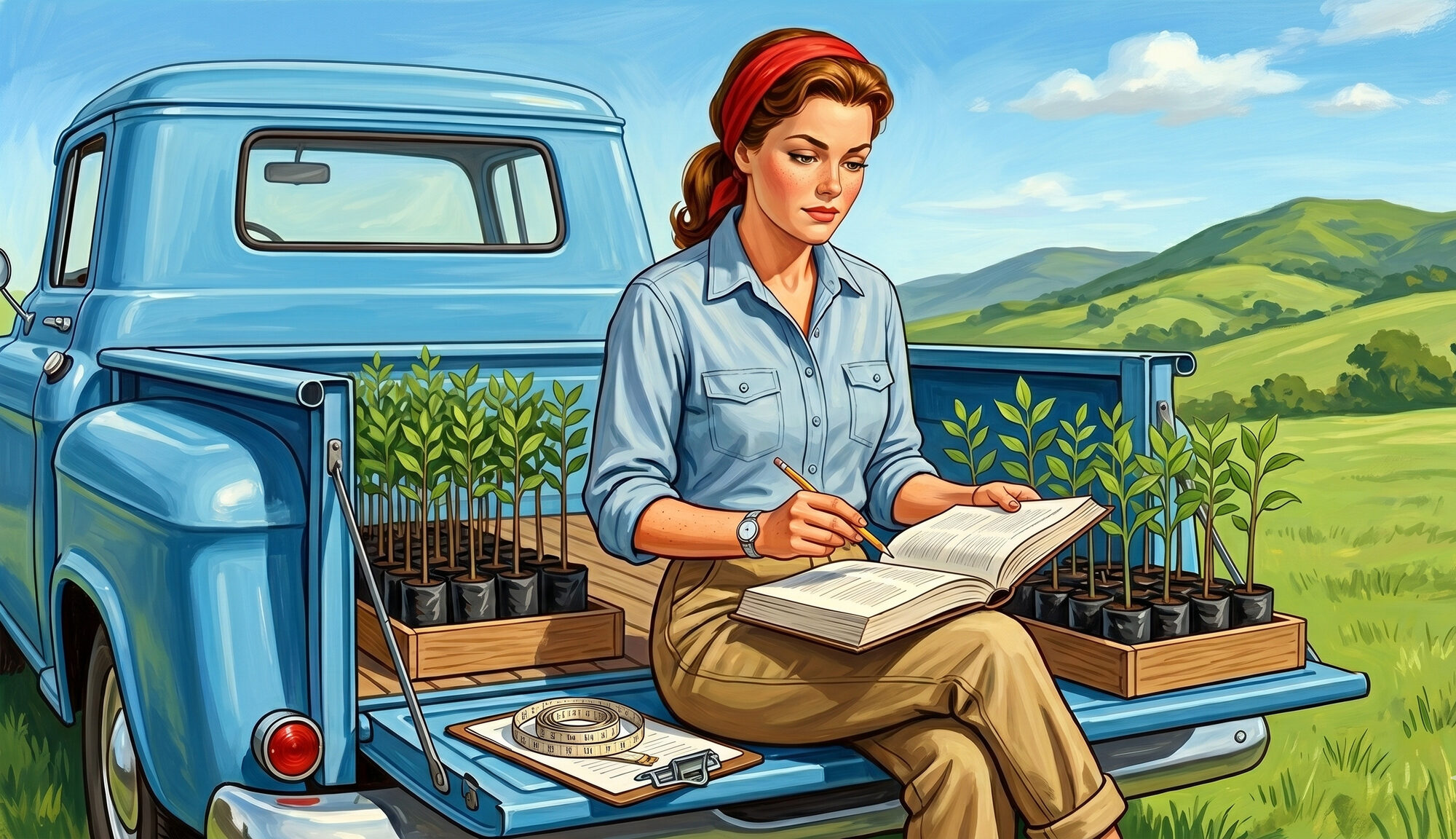 A woman sitting on the tailgate of a blue pickup truck in a pasture, reading a field manual with nursery trays of seedlings beside her