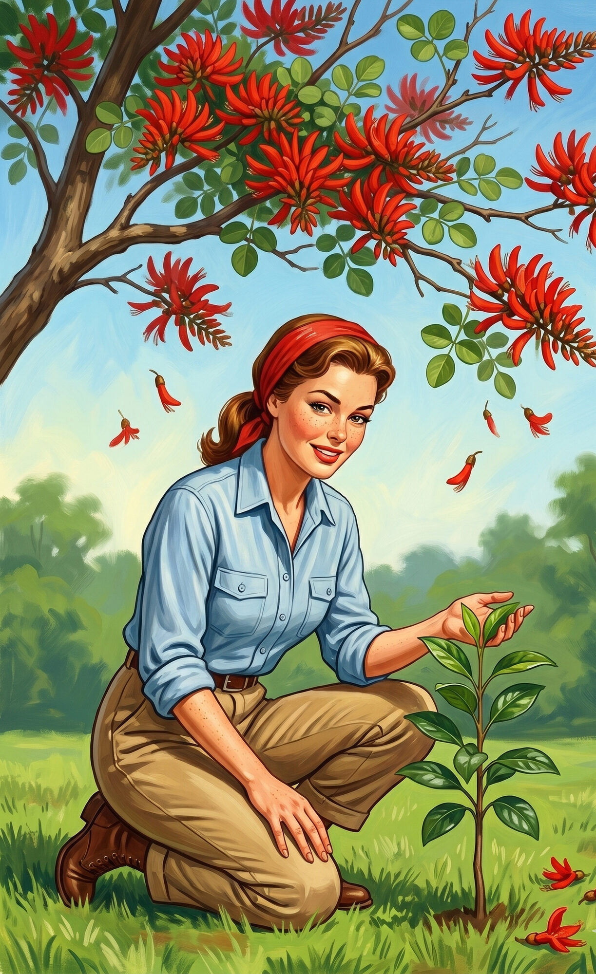A woman kneeling in pasture grass beside a young native seedling beneath the scarlet-flowered crown of Erythrina poeppigiana