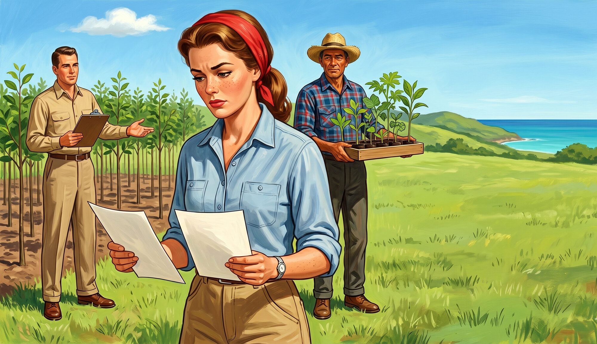 Landowner holding two planting quotes, flanked by a carbon-credits forester and a local tree planter