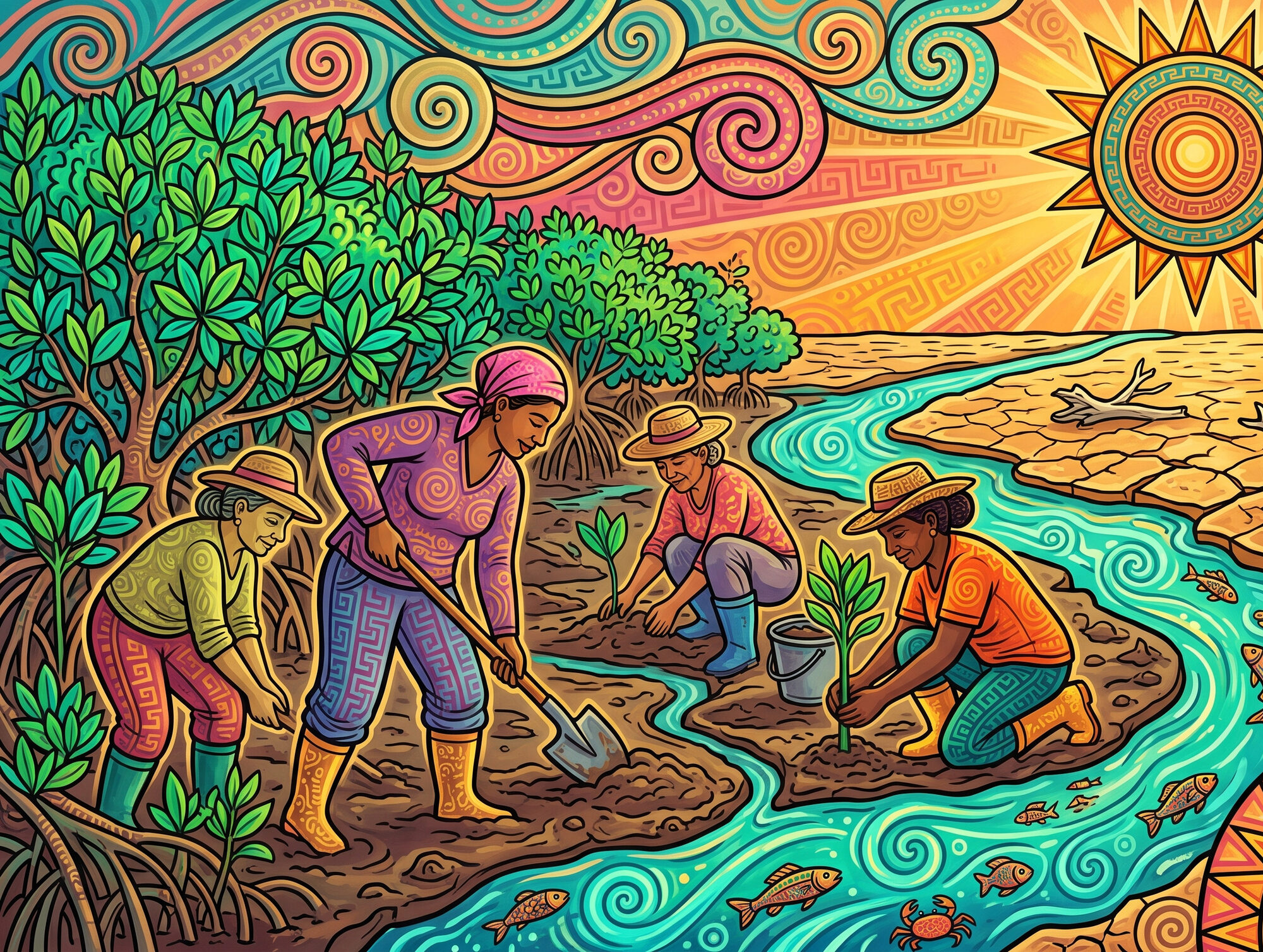 Four Guanacaste women of the Cuajiniquil cooperative dig a tidal channel by hand and plant mangrove seedlings, turquoise water and fish returning to a sun-baked salt flat as green mangrove recovers.
