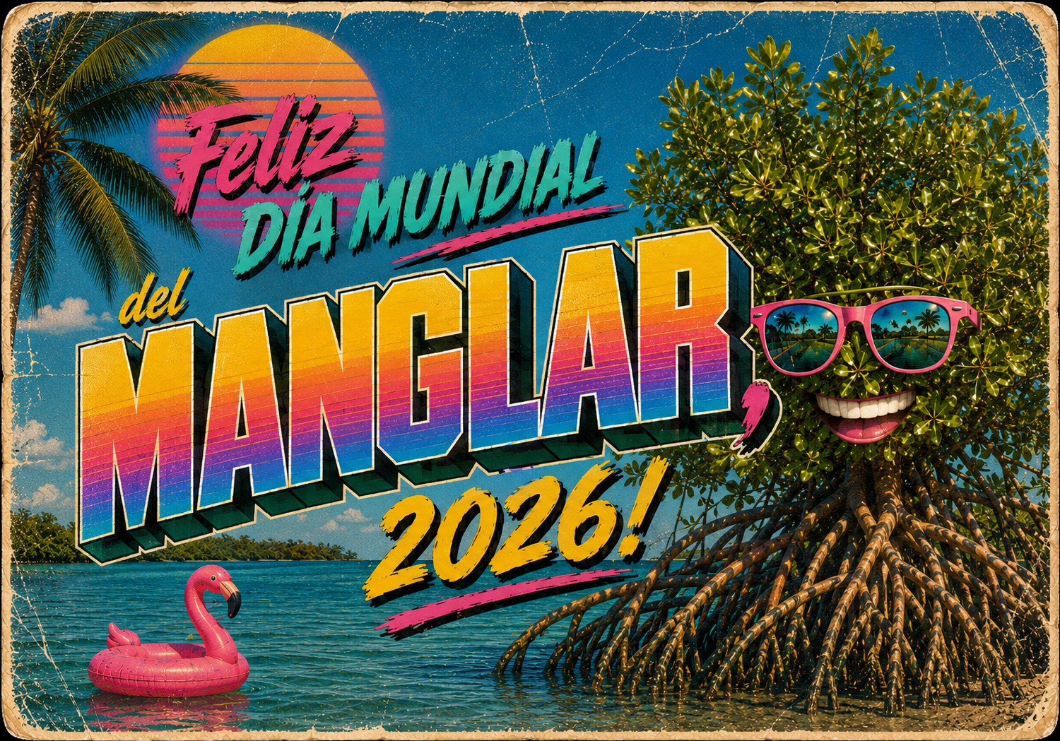 Una postal retro de playa que dice Feliz Día Mundial del Manglar, 2026 en letras con degradado de atardecer, con un mangle rojo sonriente de lentes de sol rosados parado sobre sus raíces zancudas a la orilla del agua, un flotador de flamenco en el mar y palmeras contra un sol poniente.