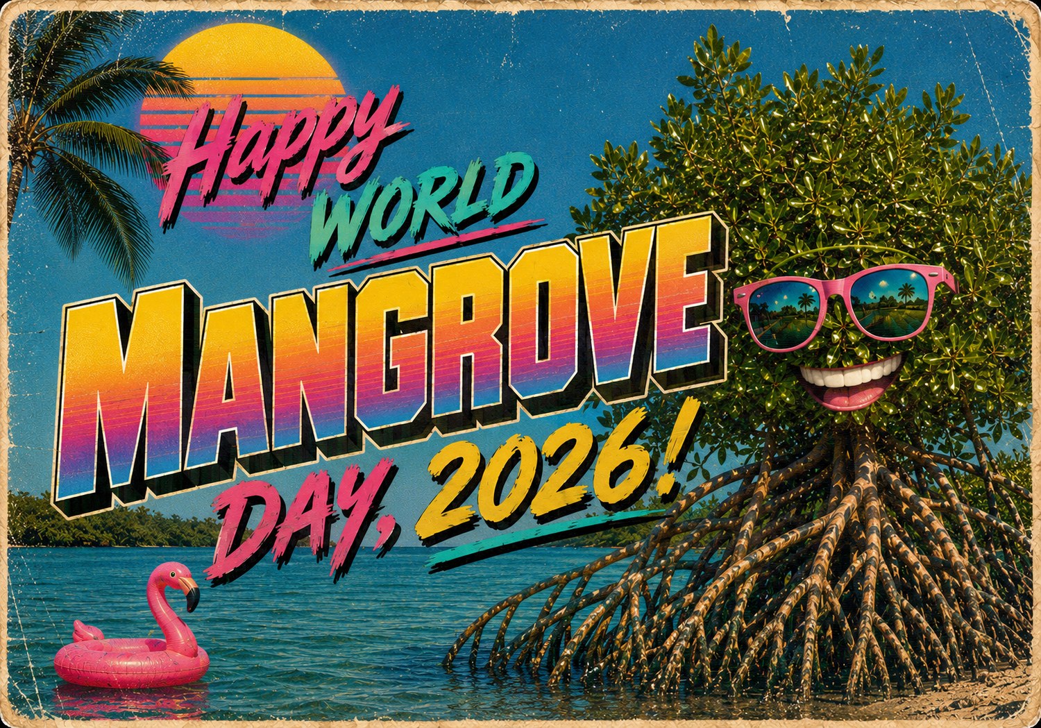 A retro seaside postcard reading Happy World Mangrove Day, 2026 in sunset-gradient lettering, with a grinning red mangrove in pink sunglasses standing on its stilt roots at the water's edge, a flamingo pool float drifting offshore and palms against a setting sun.