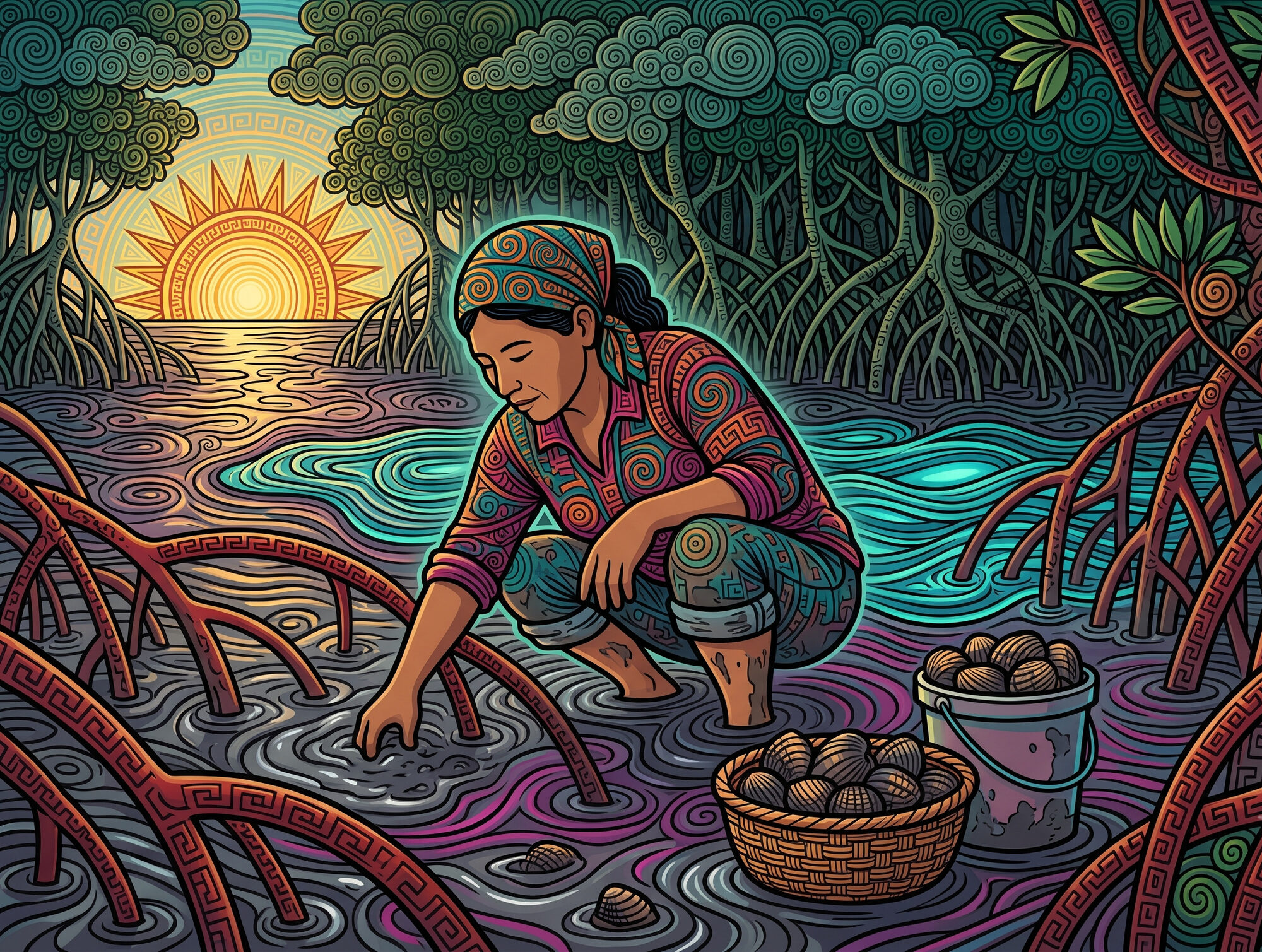 A piangüera crouches at low tide with one arm plunged into the black mud among red-mangrove stilt roots, a basket of ribbed pianguas beside her, the sun low over the water.