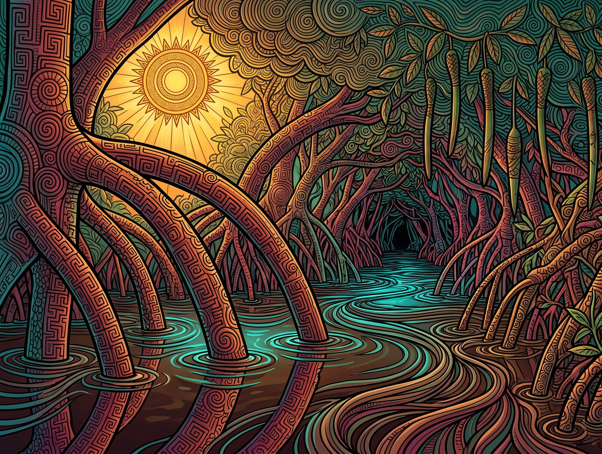 A red-mangrove tidal channel: arching prop roots plunge into glowing tea-coloured water, viviparous seedlings hang from the branches, and a radiant sun breaks through the canopy.