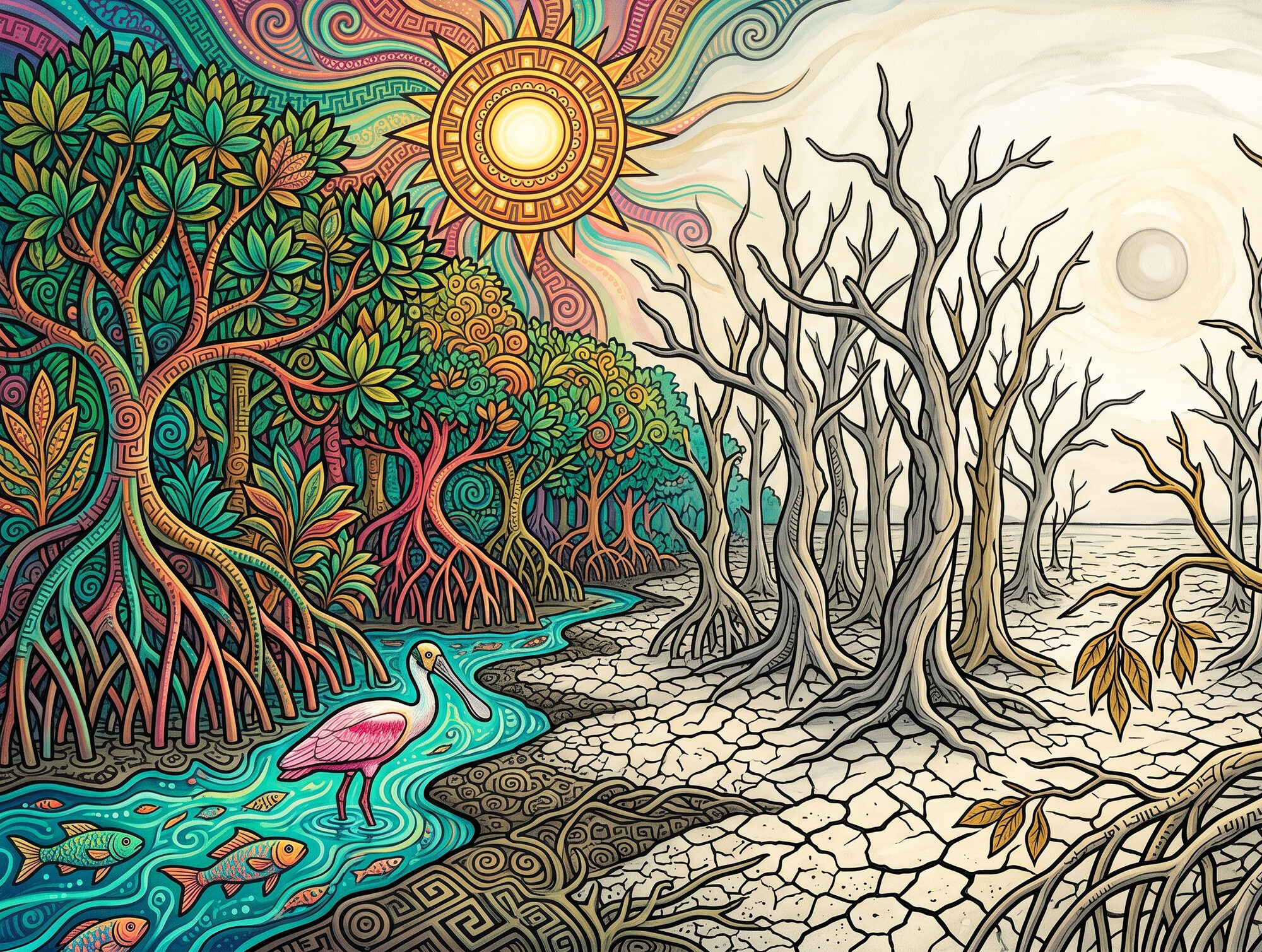A living jewel-toned mangrove with a spoonbill and fish gives way, across a seam of cracked ground, to a drained grey stand of bare dead mangroves on cracked sand under a wan sun: the Sierpe mangrove dying back as fine mud turns to coarse sand.