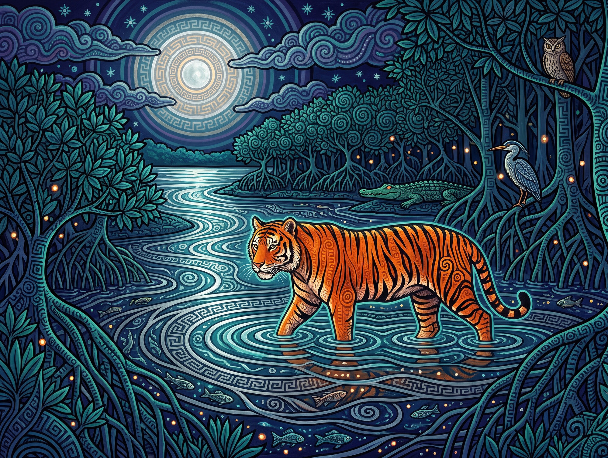 A moonlit night in the Sundarbans: a Bengal tiger wades a tidal channel under a full moon that lays a silver reflection on the water, an owl, a night heron, a crocodile and a spotted deer around it, fireflies and fish glinting in the dark mangrove.