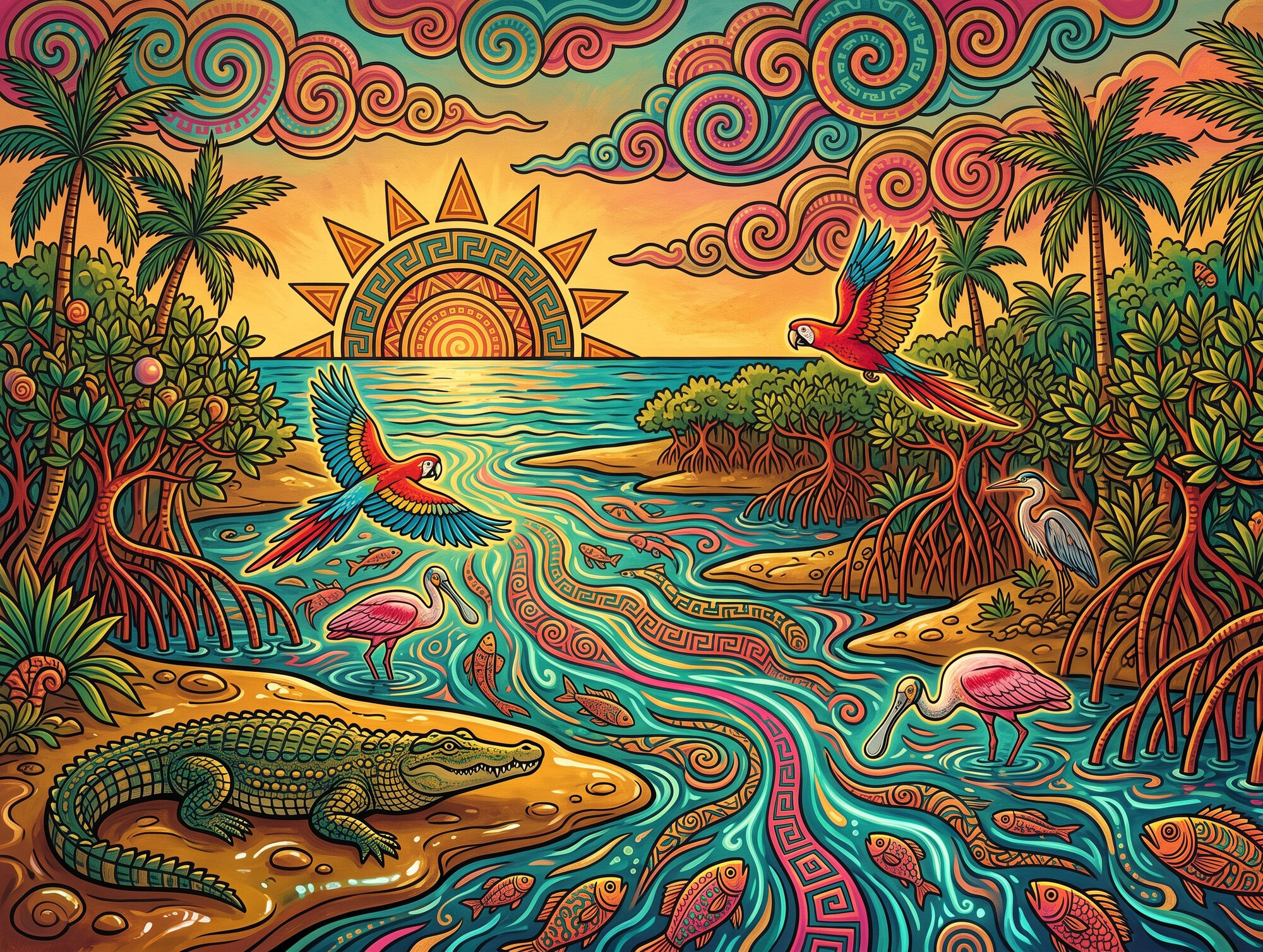 Costa Rica's Térraba-Sierpe delta: a broad tidal channel opens to the Pacific under a Diquís sun, red-mangrove roots and palms lining the banks, scarlet macaws overhead, roseate spoonbills and a heron wading, a crocodile on the bank, fish teeming in the water.