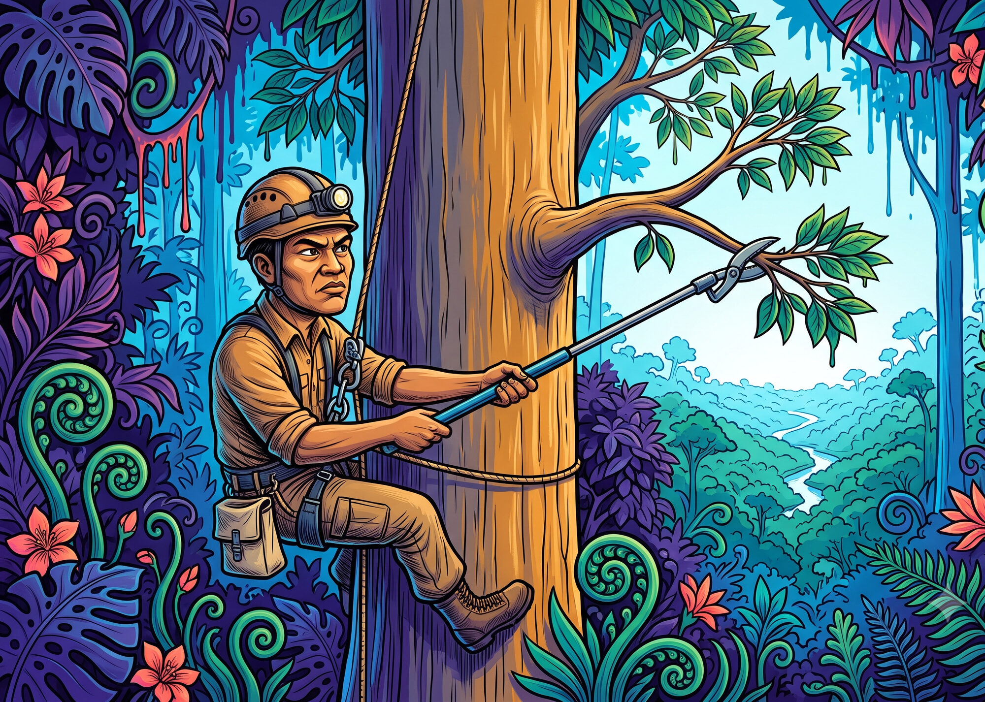 A canopy researcher on a climbing rope high up a giant dipterocarp trunk, cutting a leafy branch sample where the tree's crown begins, the rainforest canopy dropping far below