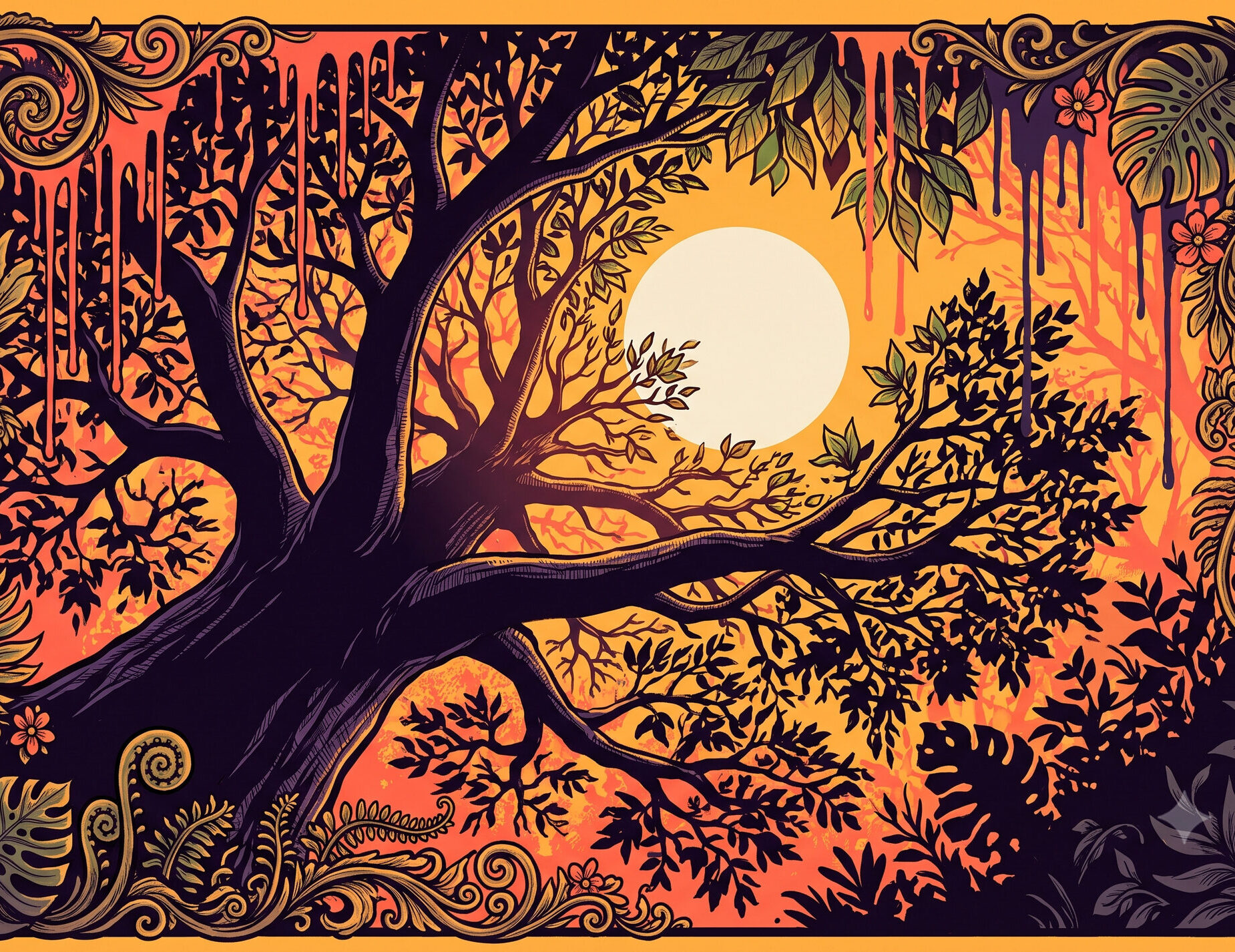 Looking straight up the trunk of a giant emergent tree into a blazing sun burning through its silhouetted crown of small, hard, sun-blasted leaves