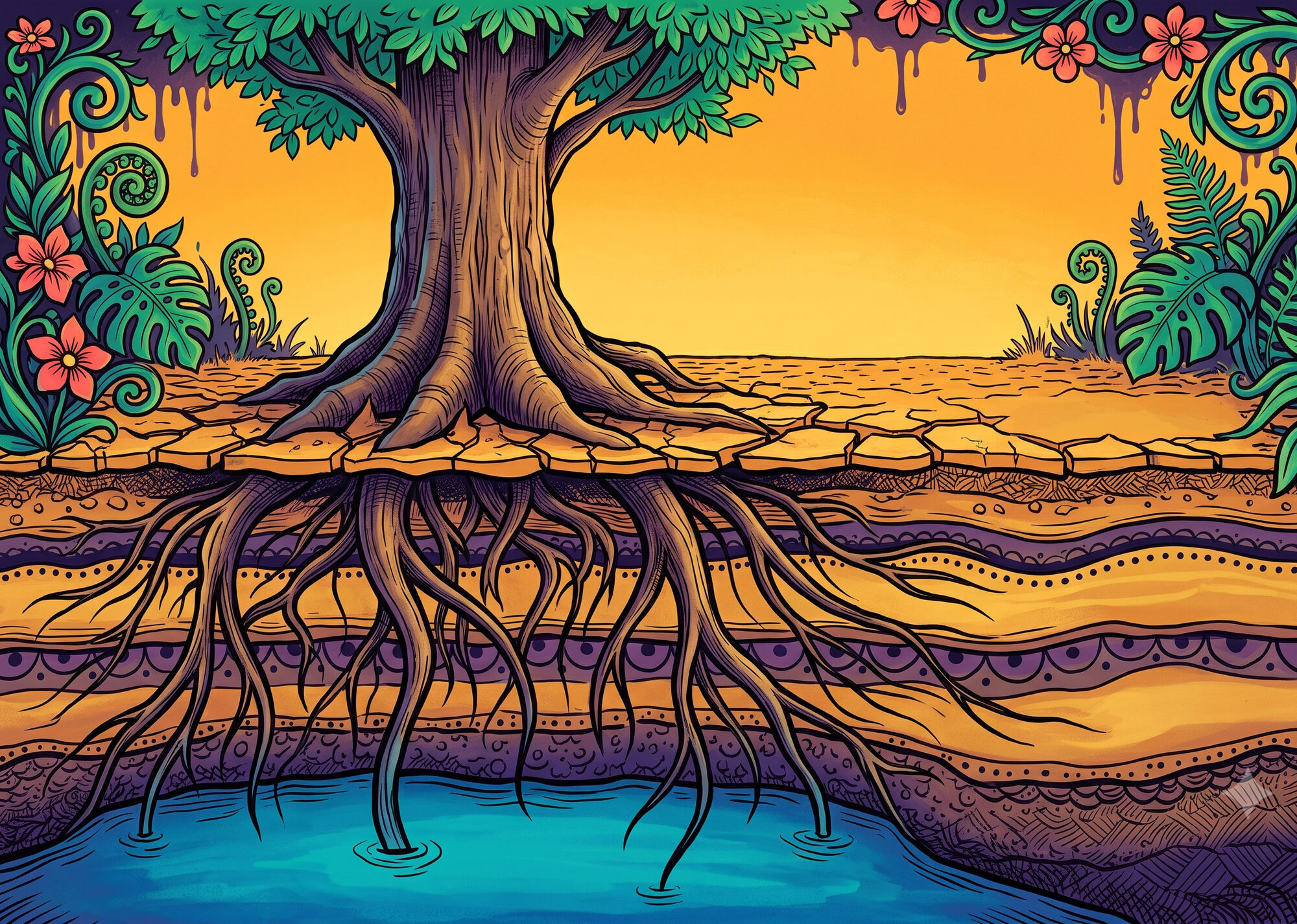 Cross-section of a giant tree that stays green above cracked drought-parched ground while its roots plunge deep through the soil to drink from a seam of groundwater