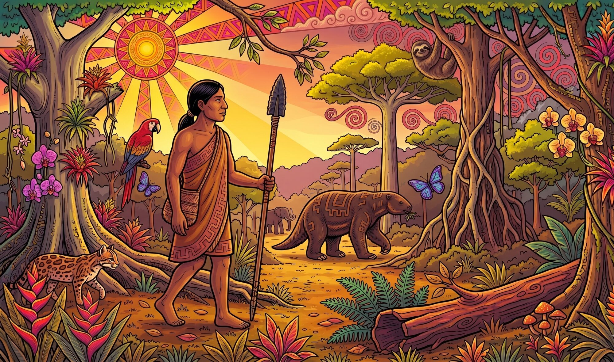 Indigenous psychedelic pop art illustration of a Paleoindian person walking calmly through a Costa Rican rainforest at golden hour, holding a wooden spear with a fluted Clovis stone point, with a distant ground sloth feeding peacefully in the background