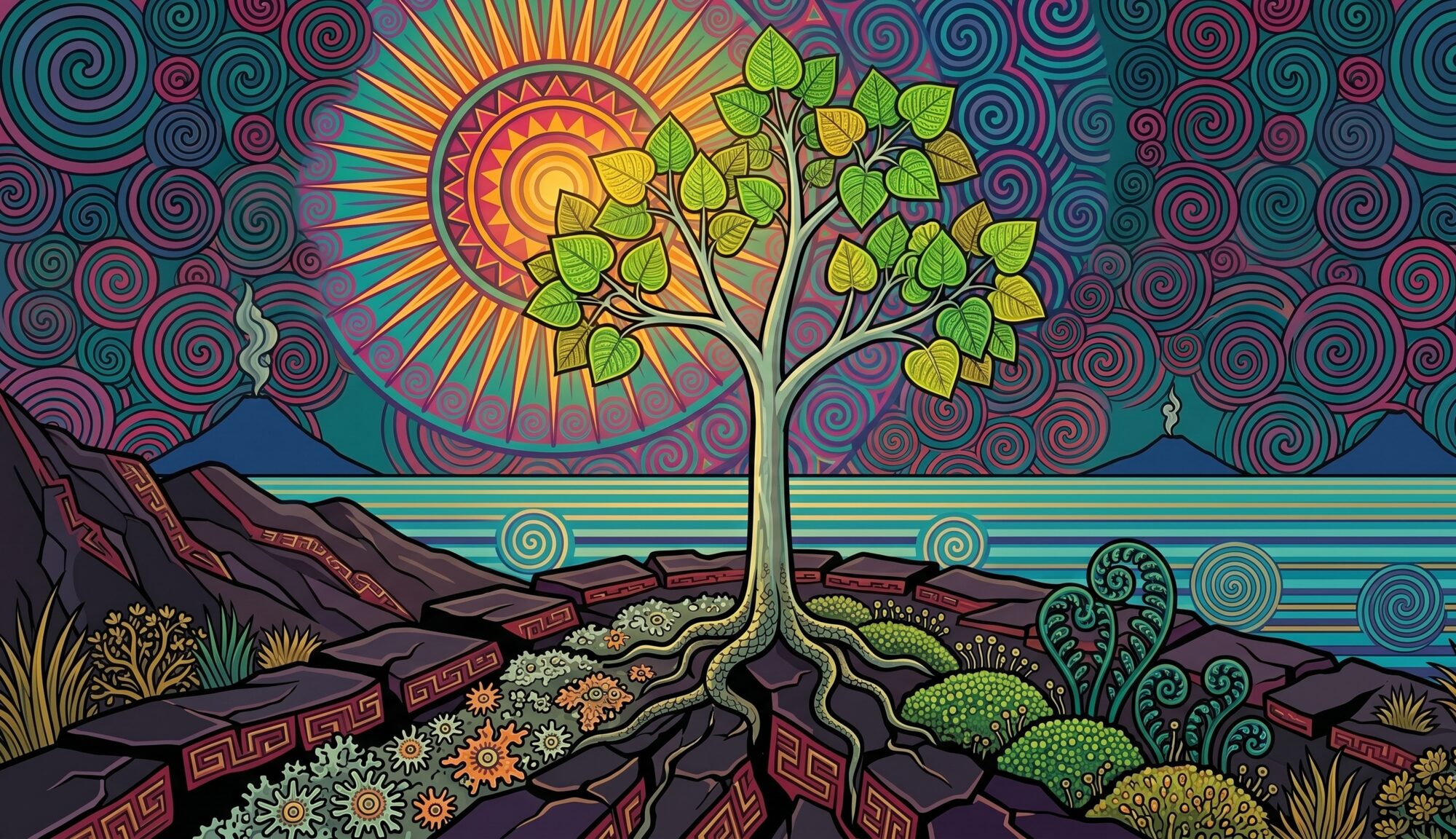 Indigenous psychedelic pop art illustration of the first young tree on a volcanic island, rising from cracked basalt with rings of pioneer succession spreading around its roots, beneath a Diquís sun mandala