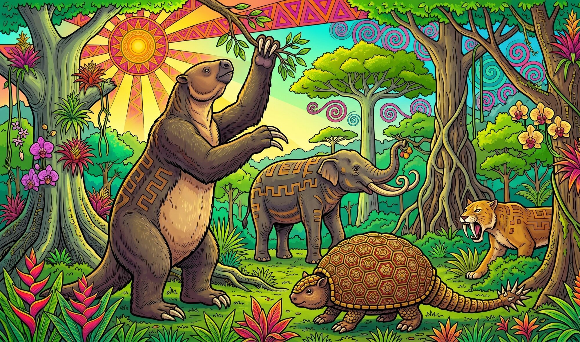 Indigenous psychedelic pop art illustration of Pleistocene Costa Rican megafauna — a giant ground sloth (Eremotherium) rearing, a gomphothere with spiral tusks, a glyptodont with armored carapace, and a Smilodon between trunks — in a pattern-filled rainforest