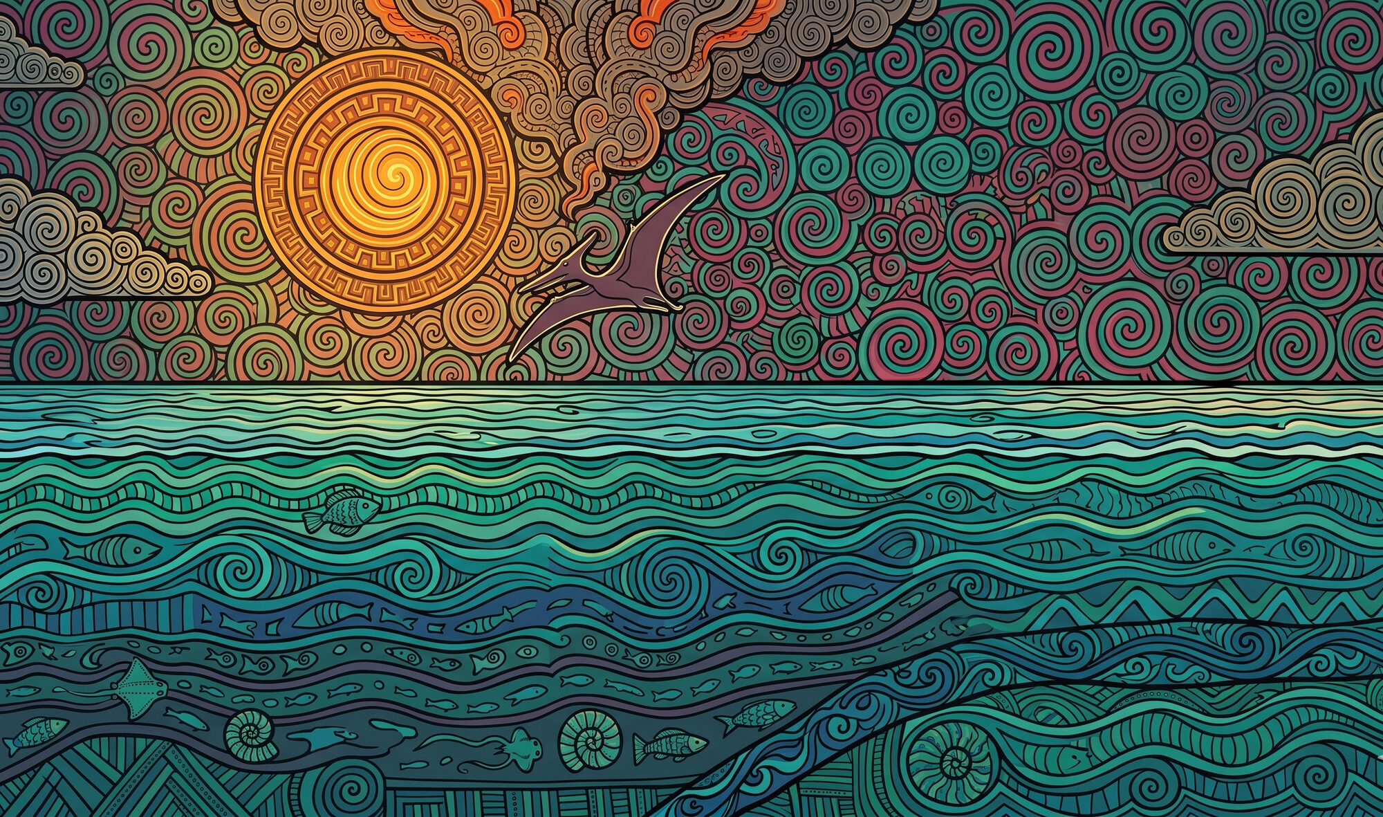 Indigenous psychedelic pop art illustration of an empty primordial Pacific seascape with a lone pterosaur gliding across the sky beneath a Diquís sun mandala
