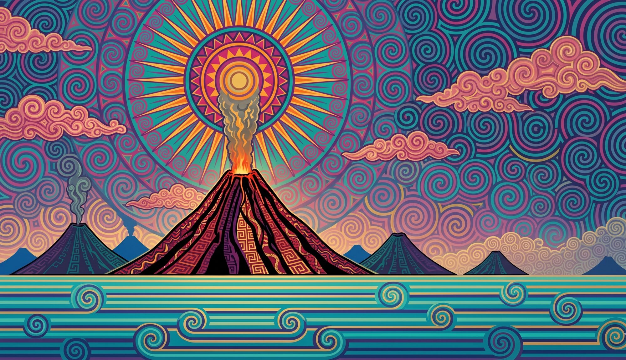 Indigenous psychedelic pop art illustration of a young volcanic island rising from a tropical Pacific archipelago, crowned by a Diquís sun mandala