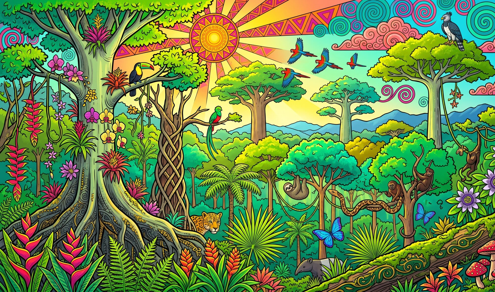 Indigenous psychedelic pop art illustration of a primeval Costa Rican rainforest valley with kapok and almendro emergents, layered canopy, and pre-Columbian glyph animals — toucans, macaws, monkeys, jaguar — woven through the foliage