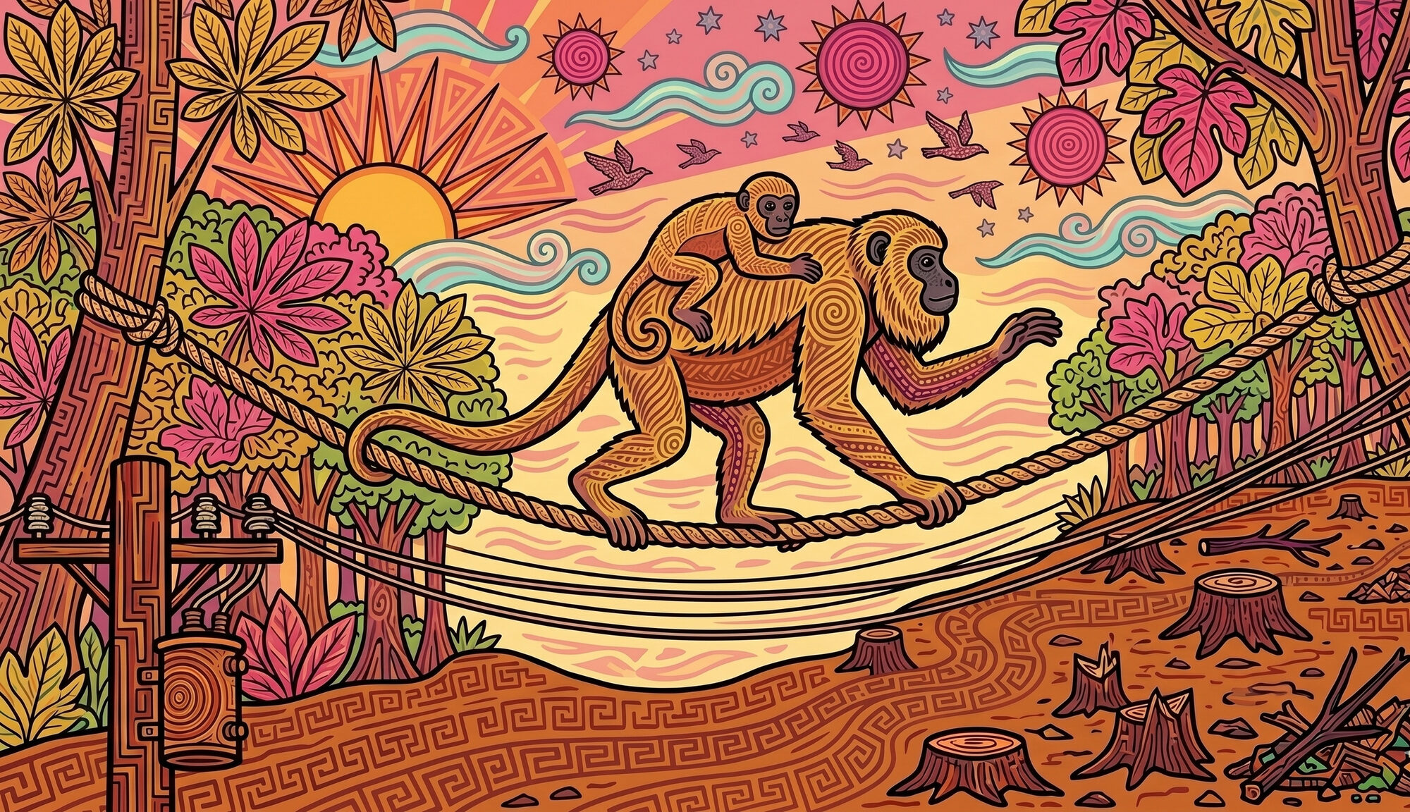 Indigenous psychedelic illustration of a mother howler monkey carrying an infant on her back, crossing a rope canopy bridge above a power line at sunrise