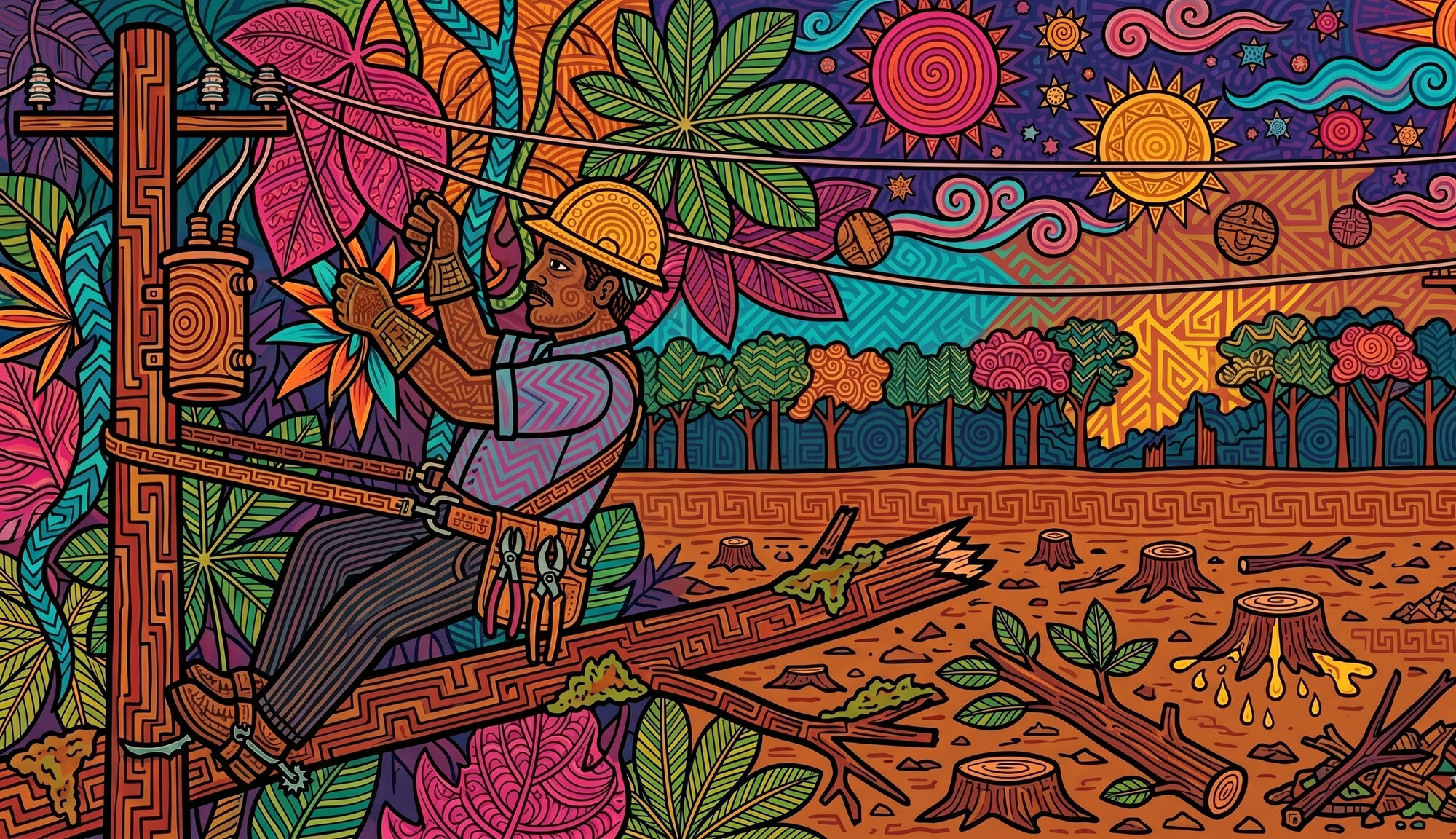 Indigenous psychedelic illustration of an electrical lineman on a wooden utility pole stringing bare aluminum conductor across a freshly cleared corridor through tropical forest at sunset