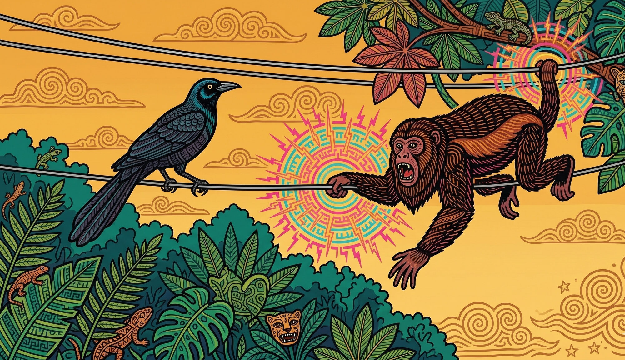 Indigenous psychedelic illustration of a great-tailed grackle perched calmly on a single bare power line at left, while a mantled howler monkey at right reaches across to grasp a second parallel wire, with a pre-Columbian sun-mandala burst of electrical discharge radiating from the contact point