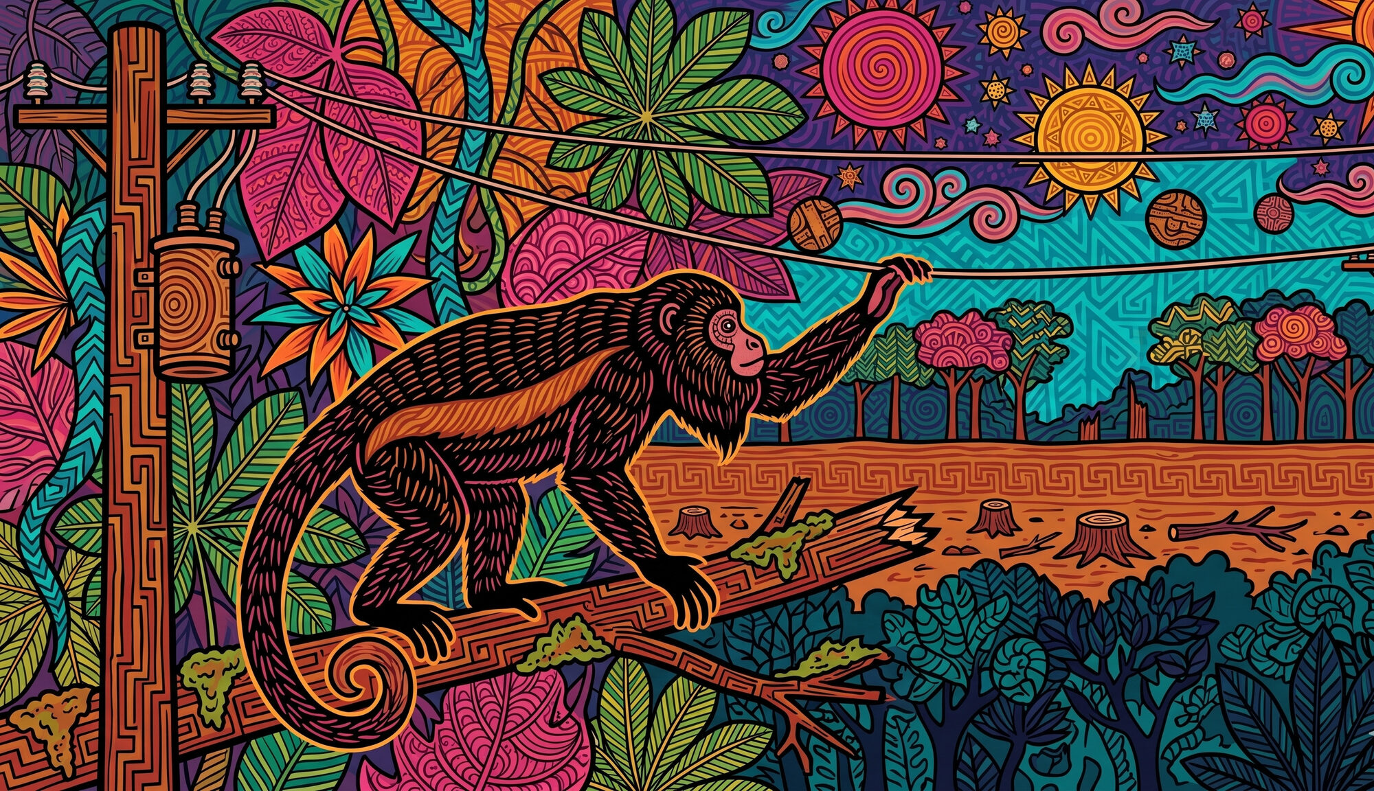 Indigenous psychedelic illustration of a mantled howler monkey at the cut edge of a tropical canopy gap, reaching toward a bare power line that crosses the void