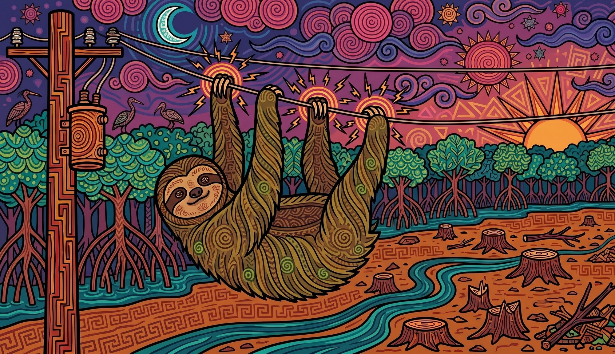 Indigenous psychedelic illustration of a three-toed sloth hanging from a bare power line at dusk over Caribbean mangroves, with electrical discharge bursts radiating from the points where its claws grip the wire