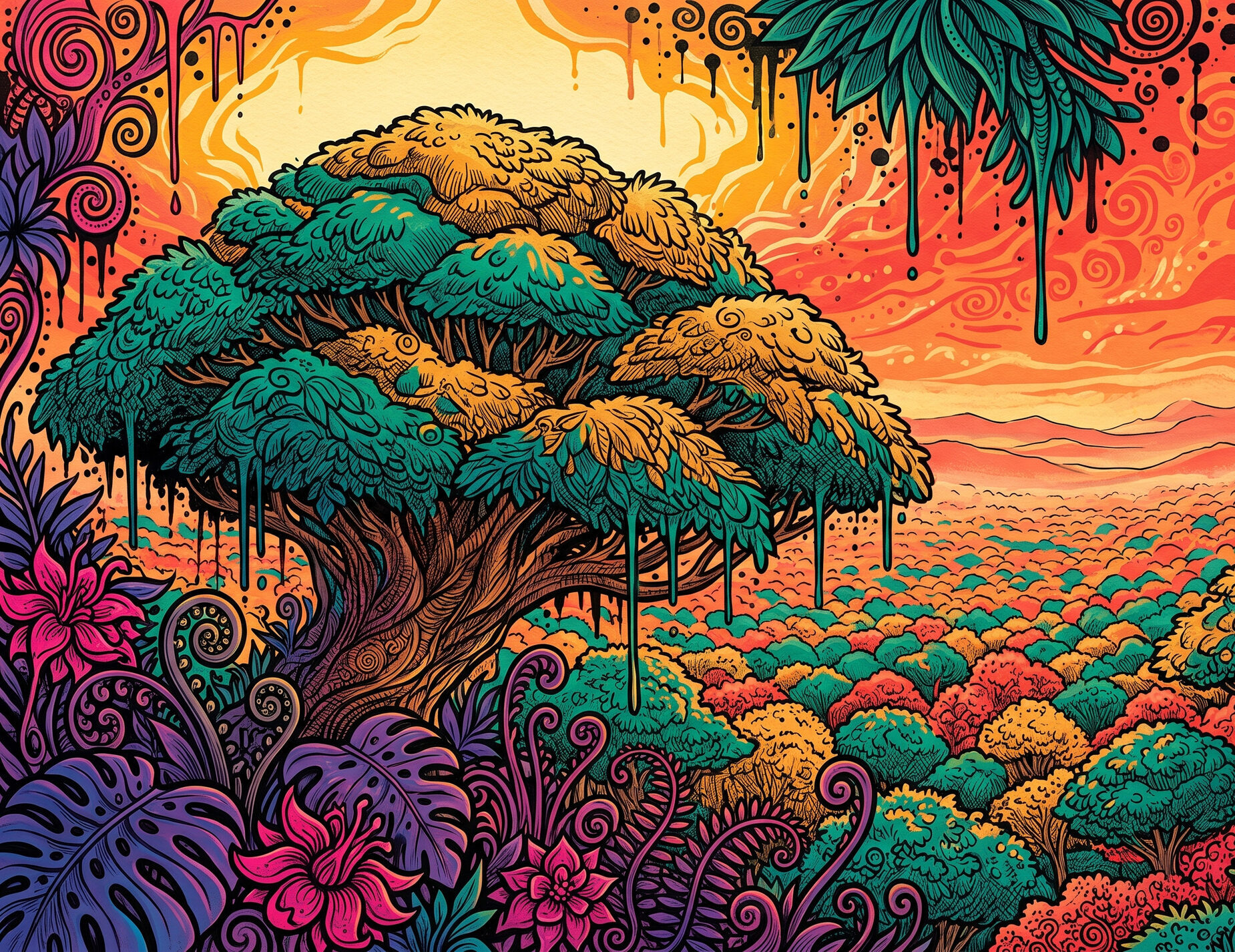 The broad crown of a large tree above an unbroken tropical canopy sea receding to a distant ridgeline under a hot sky