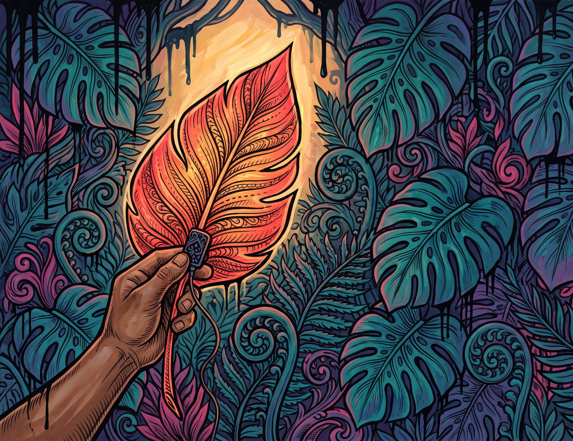 A single sunlit leaf glowing hot against cooler shaded foliage, a researcher's hand clipping a small sensor onto it