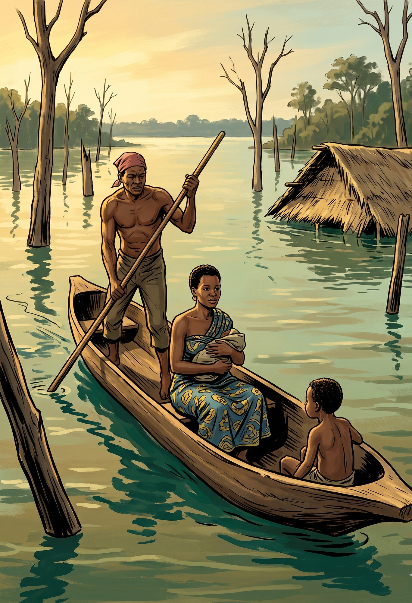 Illustration of a Saamaka Maroon family in a wooden dugout canoe poling through the rising Brokopondo reservoir in 1964, dead trees emerging from the water and a thatched village roof half-submerged behind them
